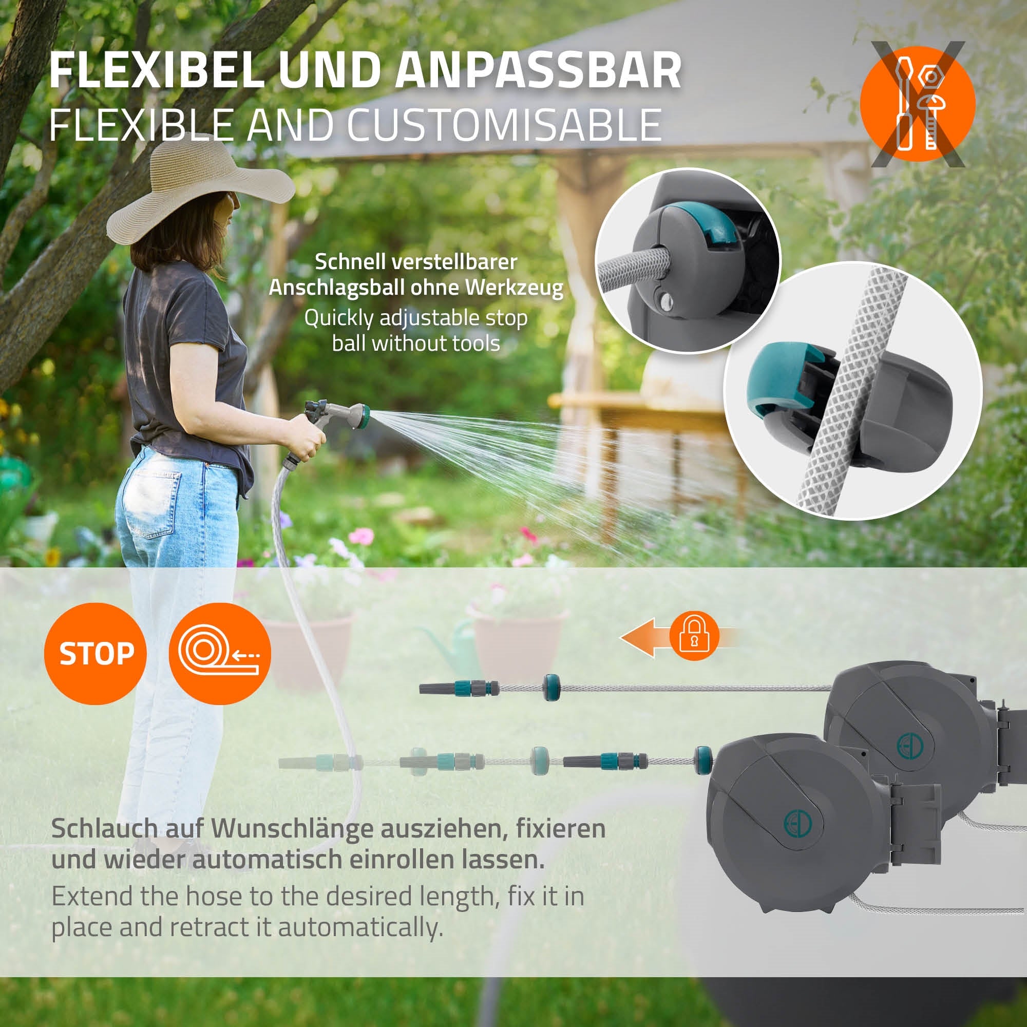 ECD Germany Garten enrouleur tuyau 15 m mural auto 7 jets