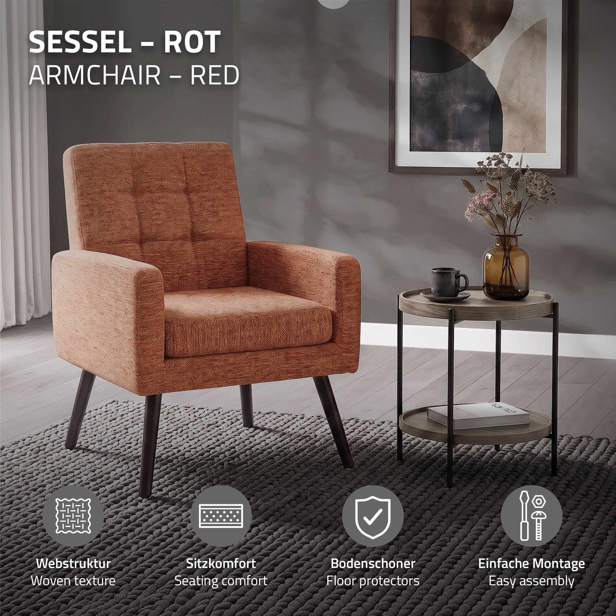 ECD Germany Möbel fauteuil salon tissu rouge 66,5 cm