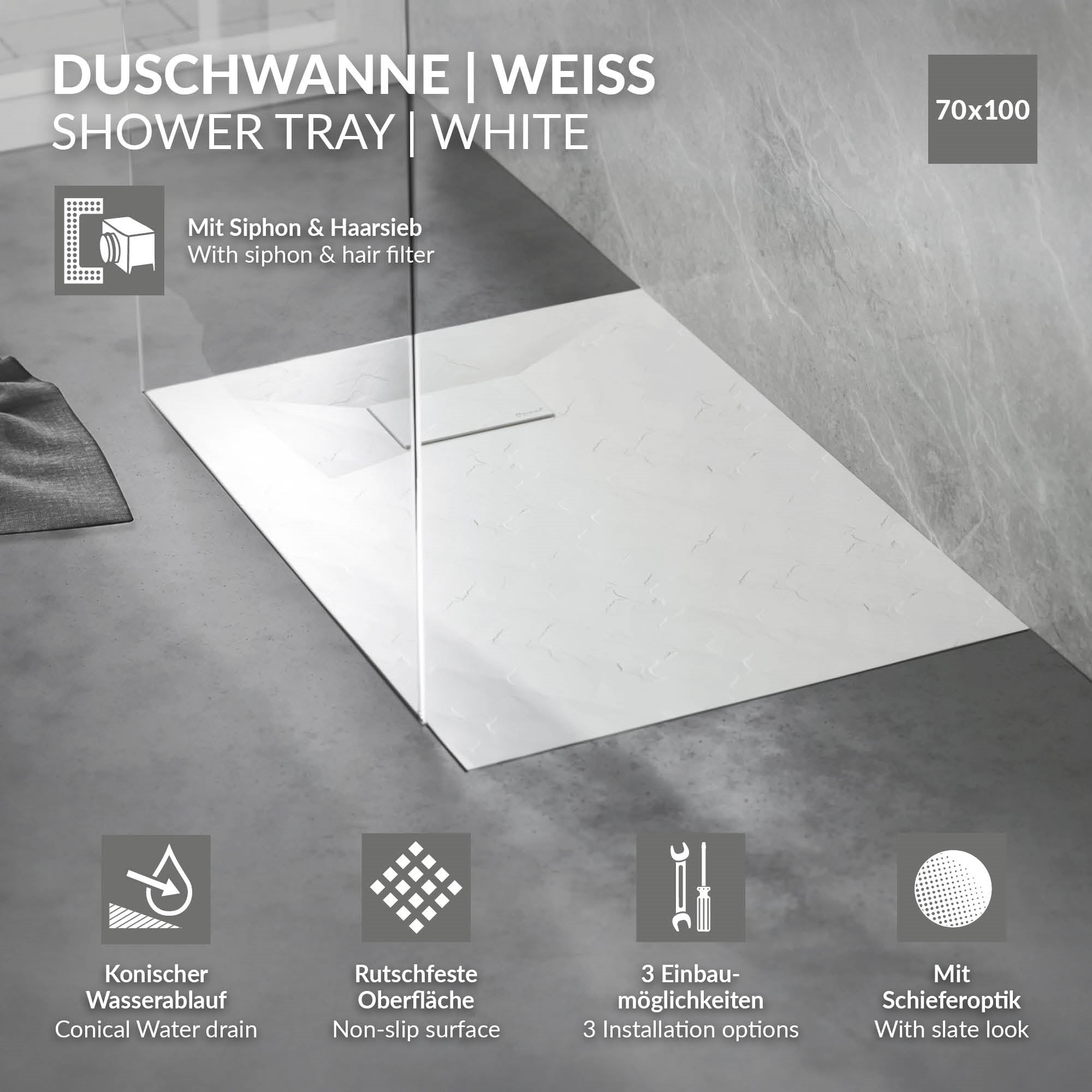 ECD Germany Sanitär receveur douche 100x70 cm blanc antidérapant