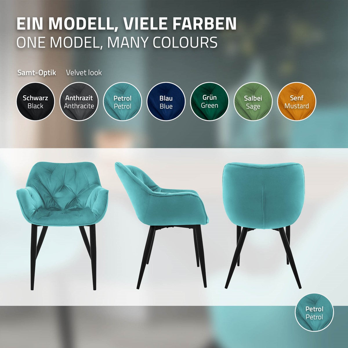 ECD Germany Möbel Chaise salle à manger velours pétrole lot de 6