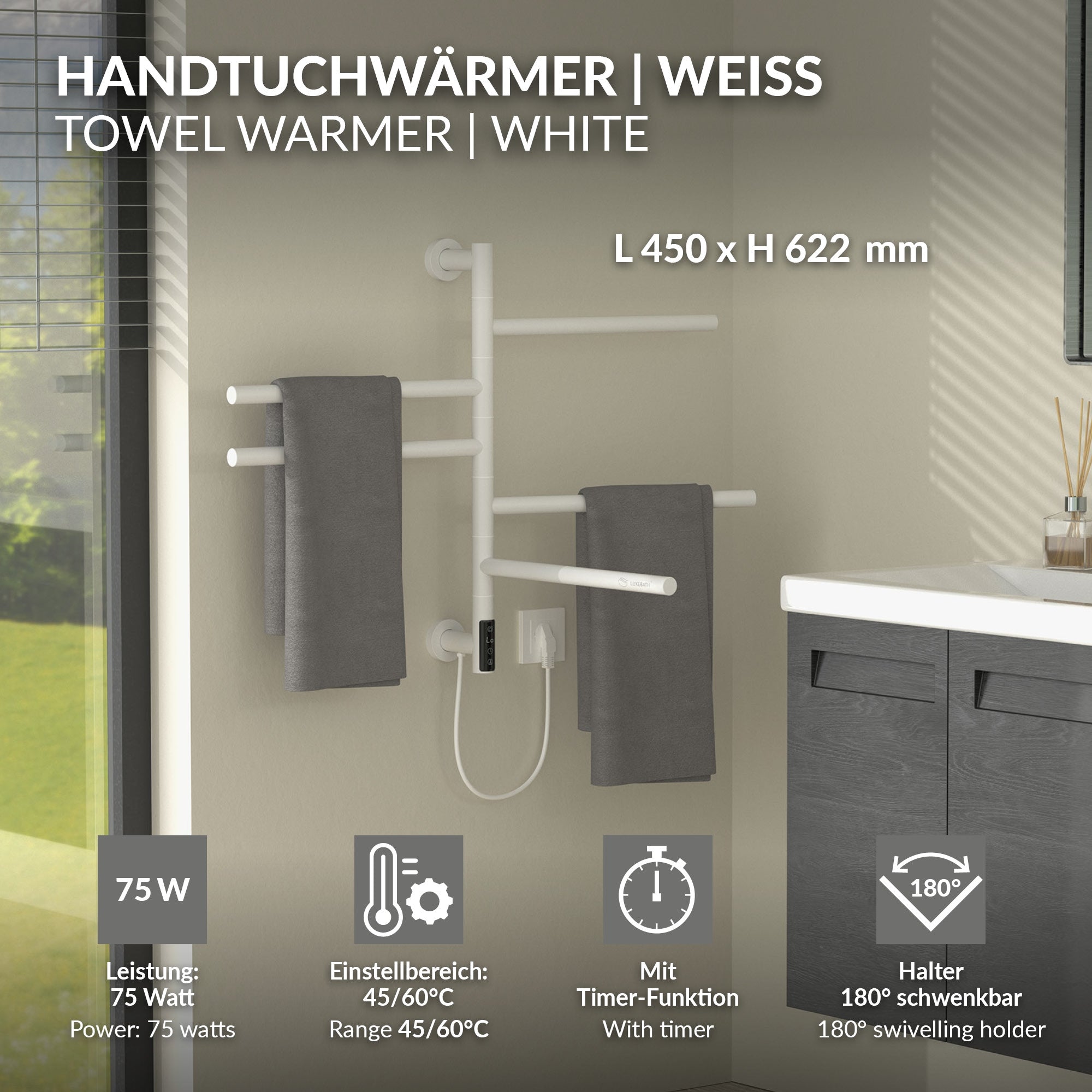 ECD Germany Heizungen sèche-serviettes 75W blanc 5 bras pivotants