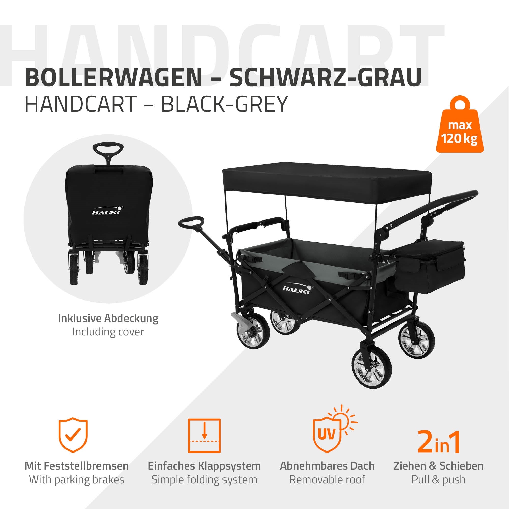Hauki chariot pliable avec toit noir/gris 120 kg