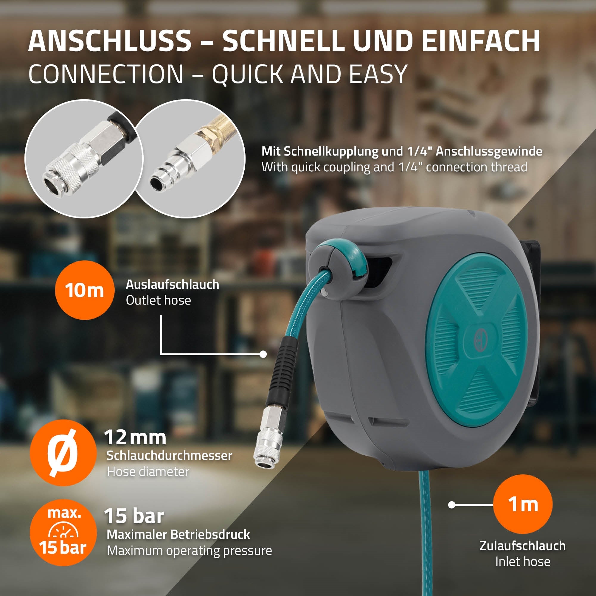 ECD Germany enrouleur tuyau air comprimé mural auto 10 m