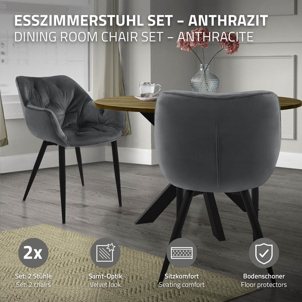 ECD Germany Möbel lot 2 chaises salle à manger velours bleu