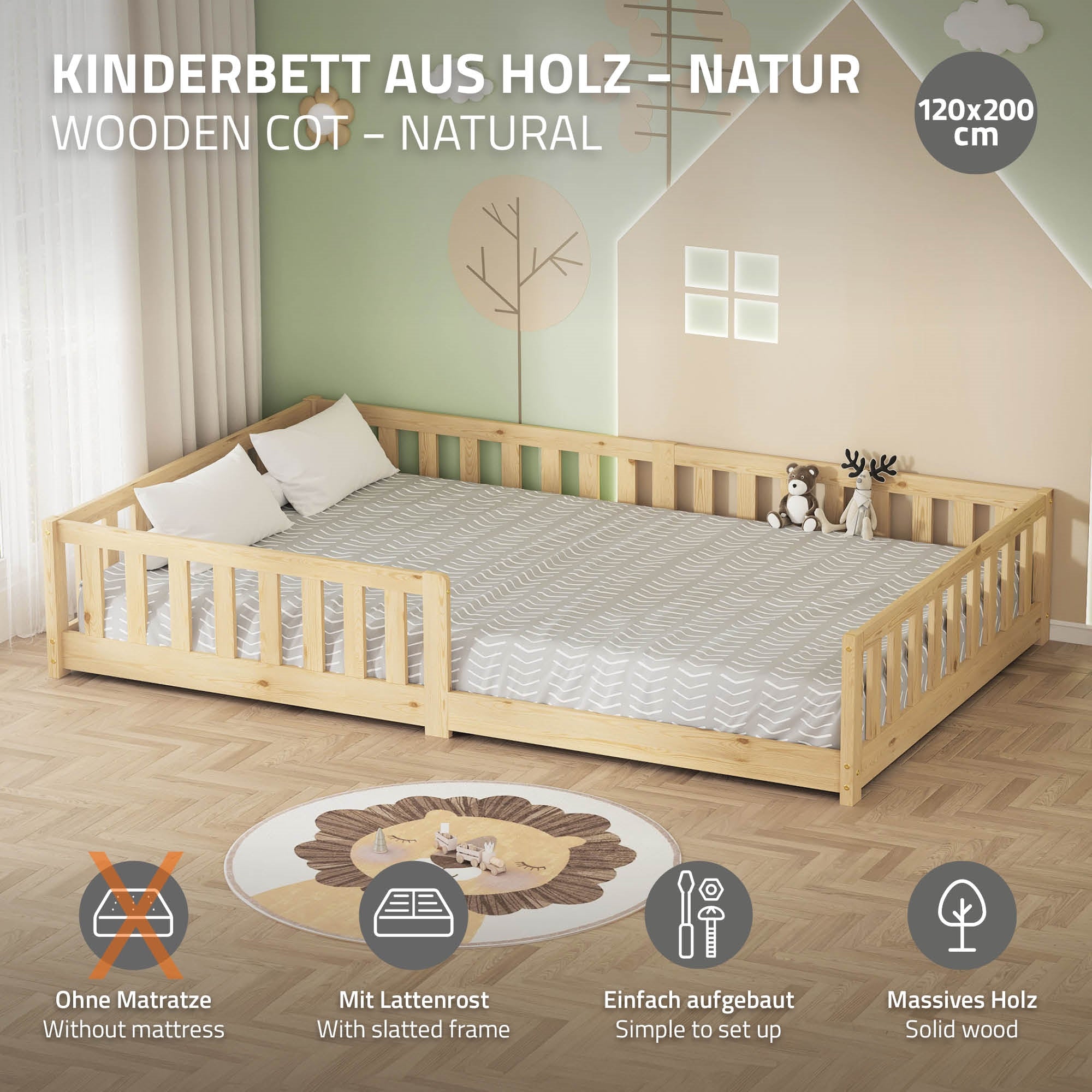ML-Design lit enfant 120x200 cm pin naturel + sommier