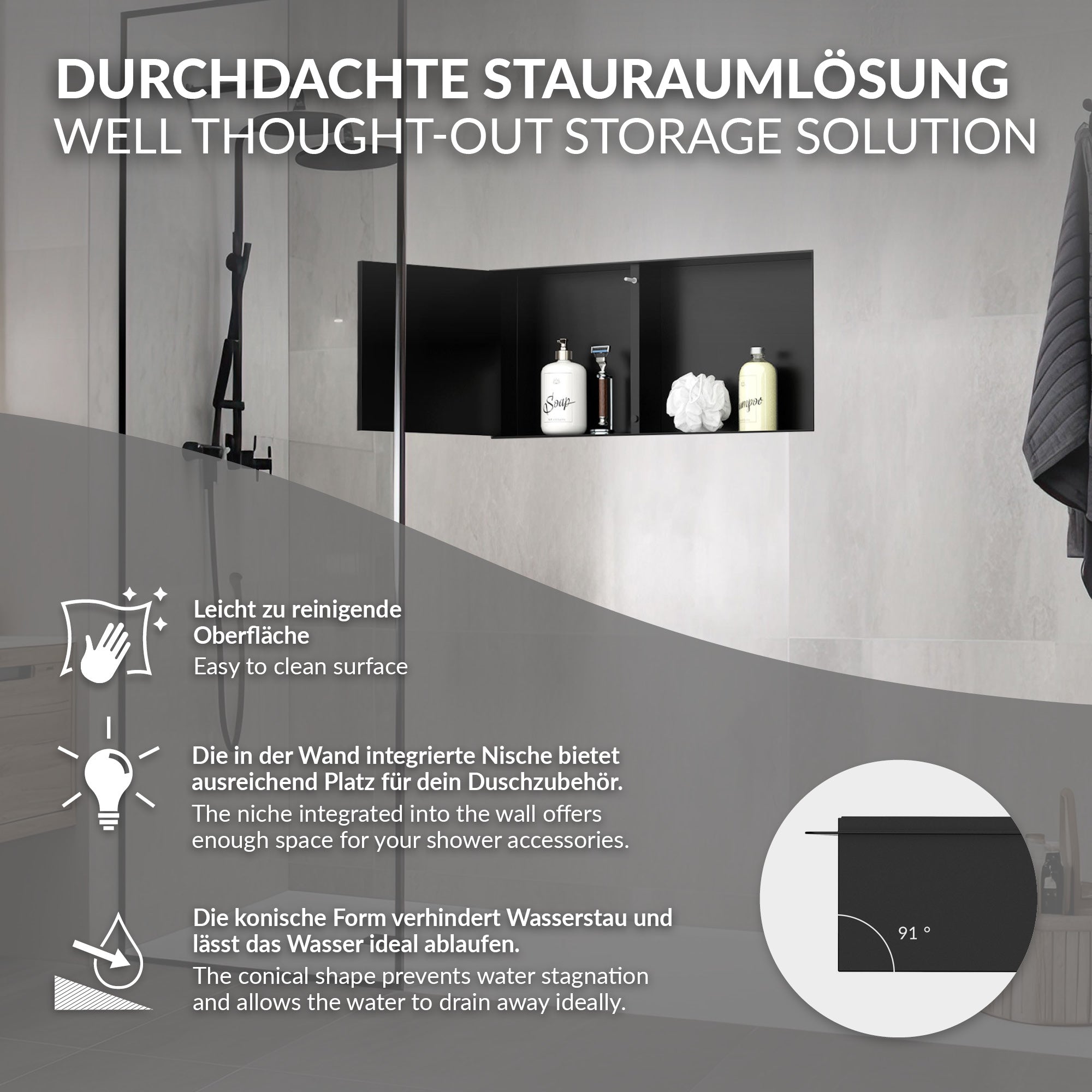 LuxeBath niche de douche inox noire 60x30x10 cm porte