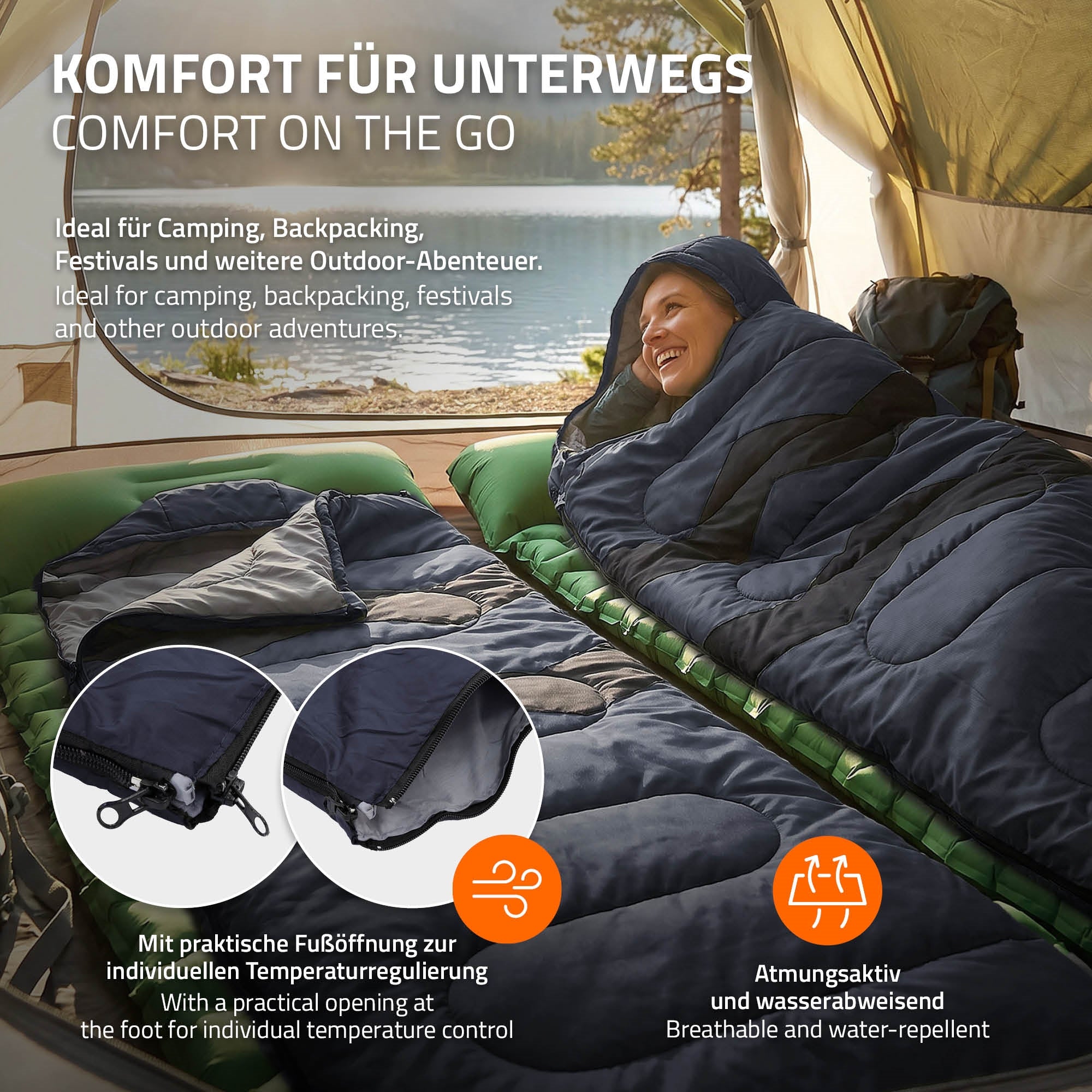 ECD Sport & Freizeit Sac de Couchage Adulte Bleu Foncé 210 cm 3 Saisons