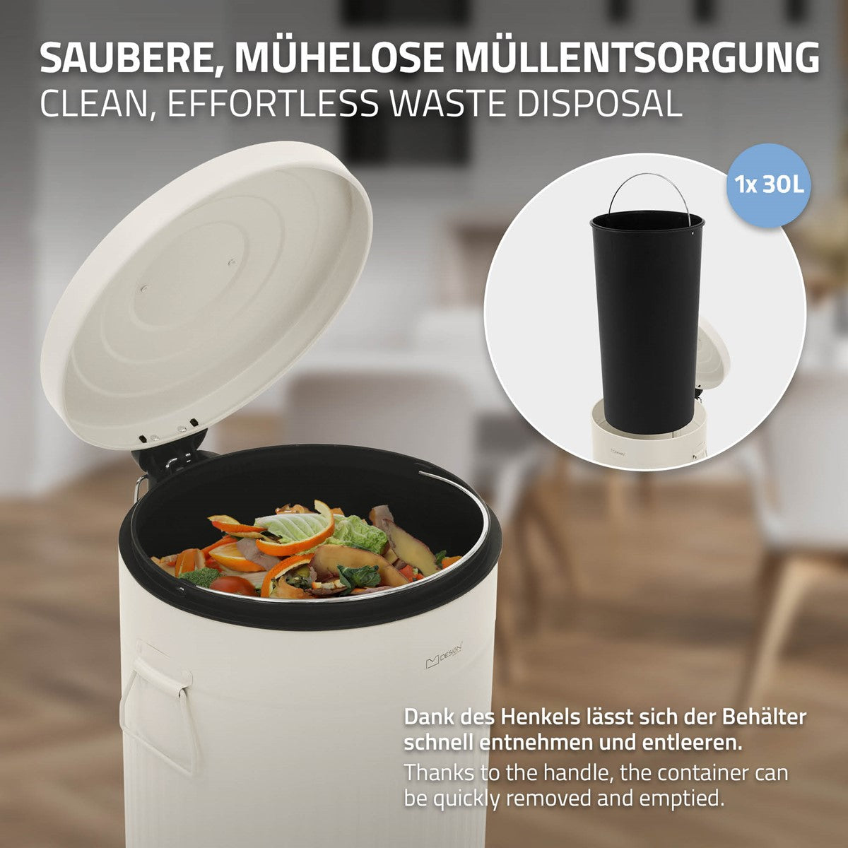 ECD Germany Möbel poubelle cuisine 30L beige acier pédale