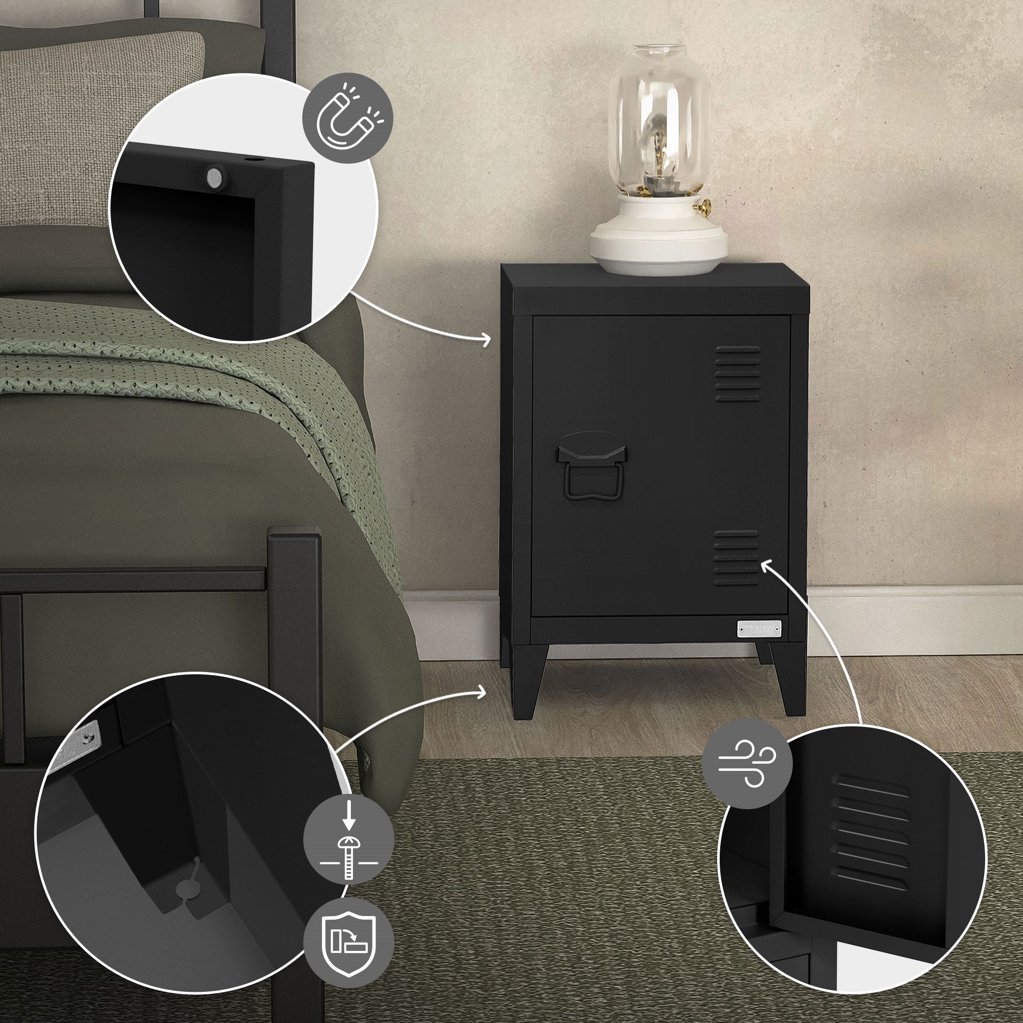 ML-Design table de chevet acier noire 40x30x58 cm