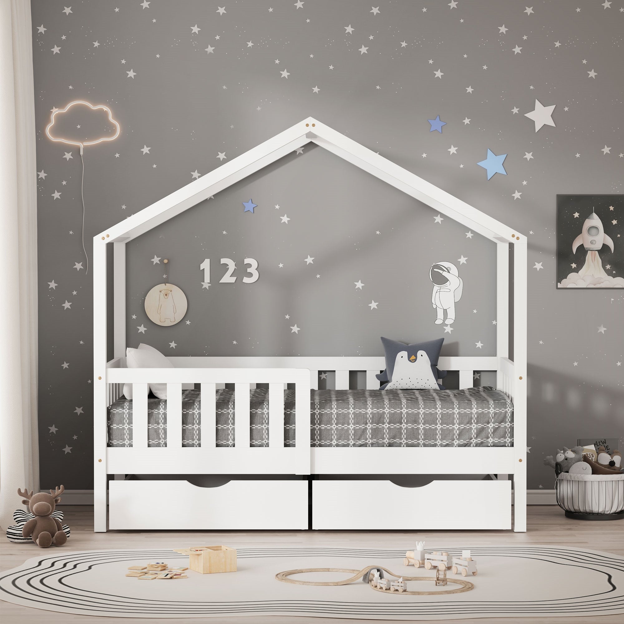 ECD Germany Kinder Lit cabane 70x140 blanc pin 2 tiroirs sans matelas