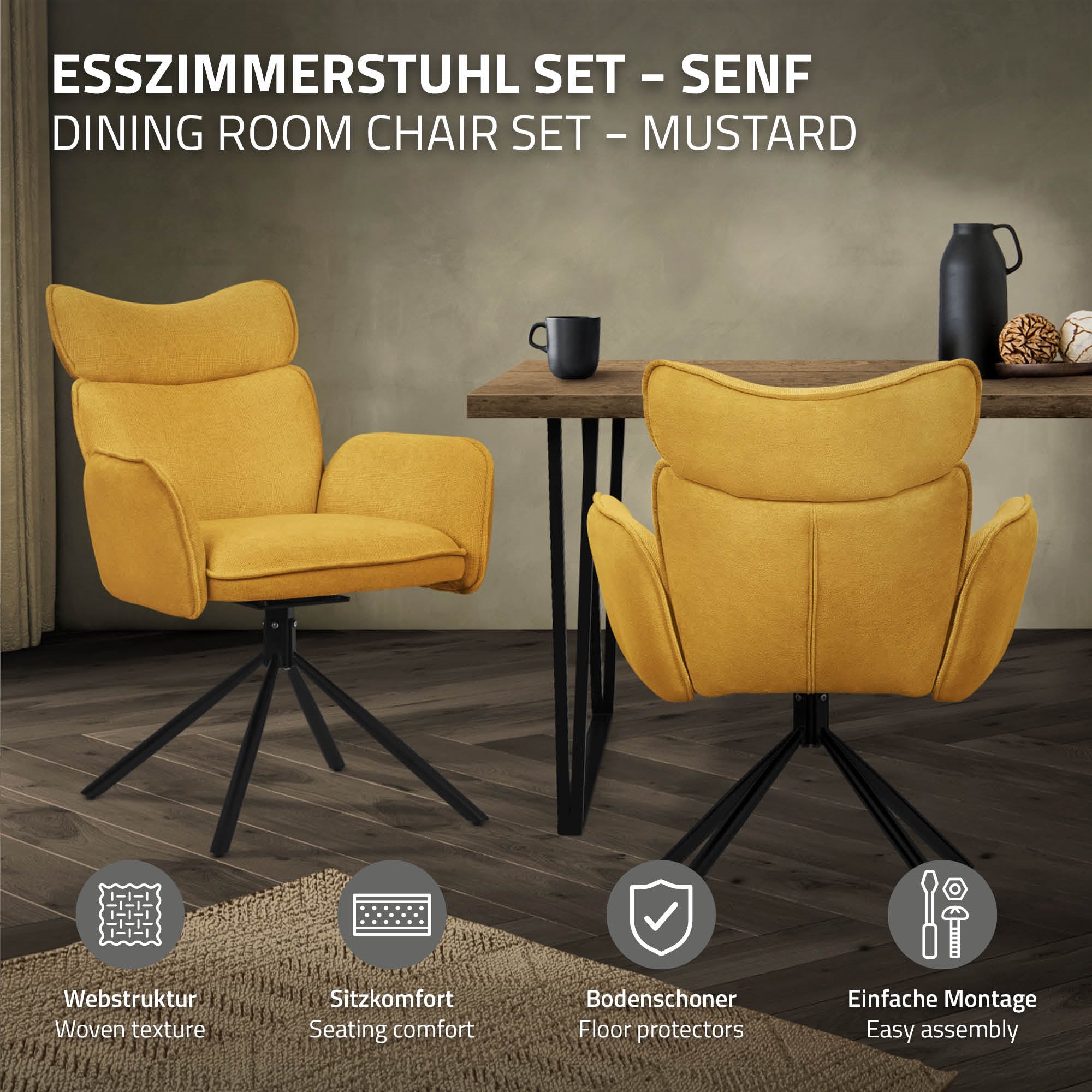 ECD Germany ML-Design chaise salle à manger pivotante moutarde lot 6