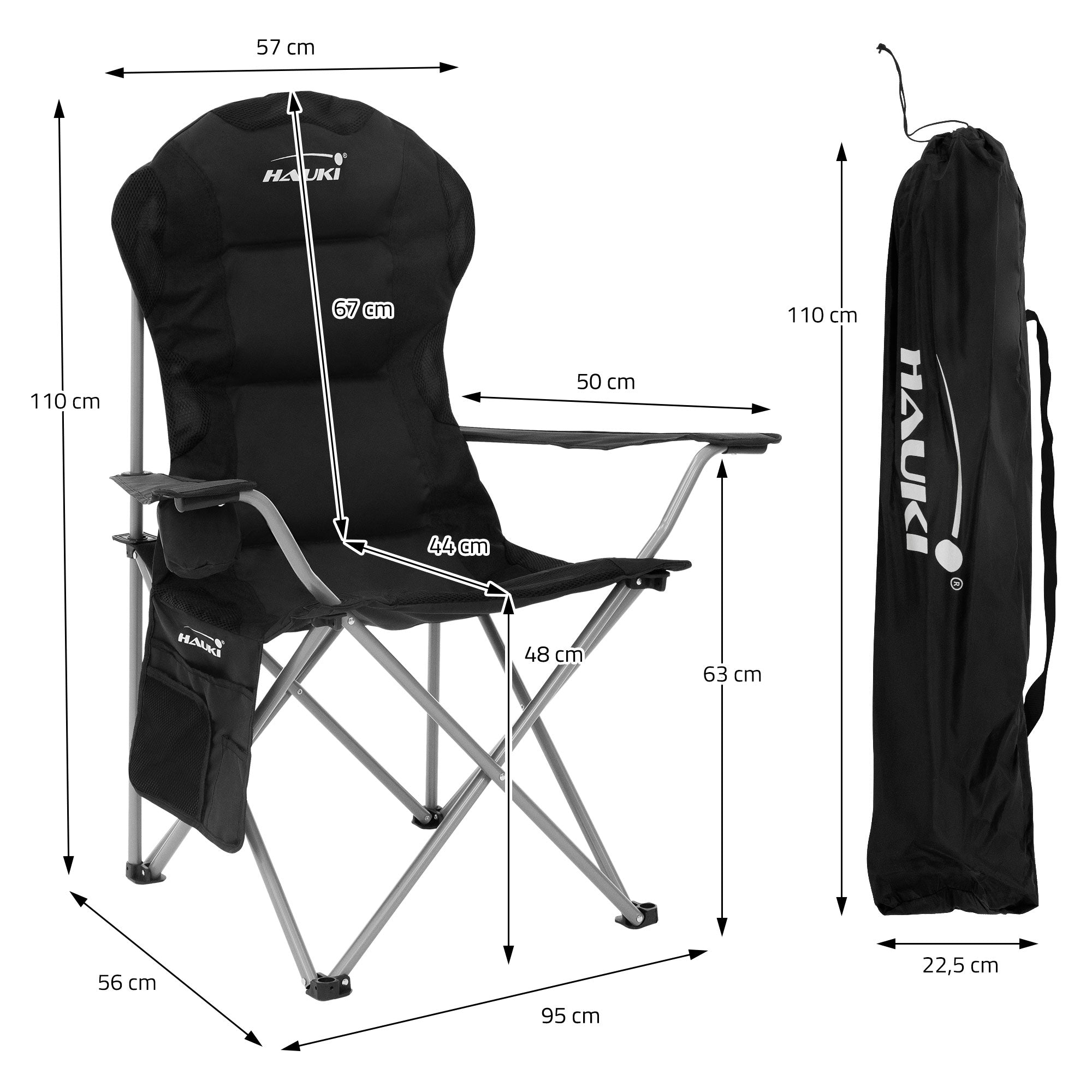 ECD Germany Hauki chaise camping pliante noire 150 kg housse