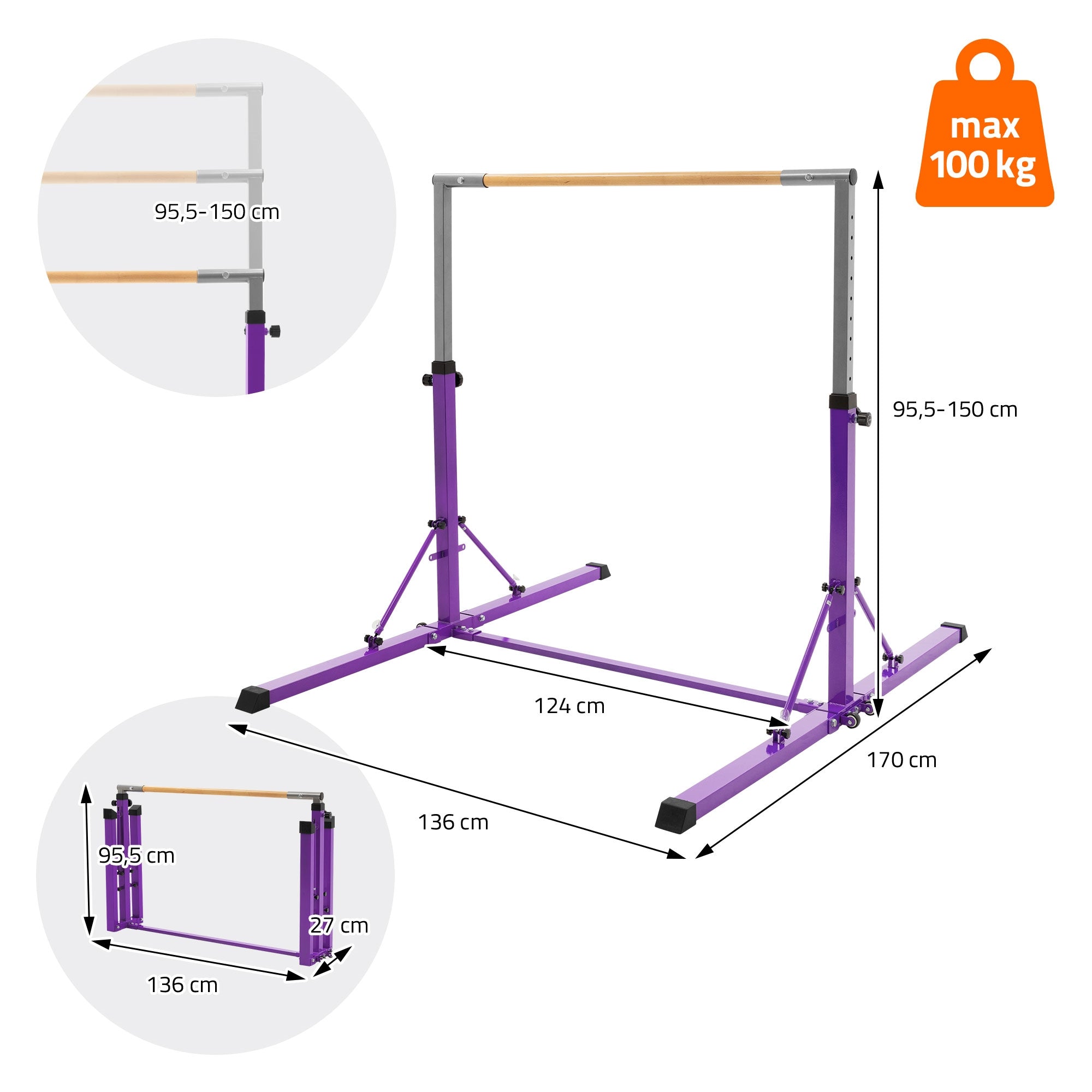 ECD Germany Hauki Barre de Gym Enfant Violet Pliable 150 cm
