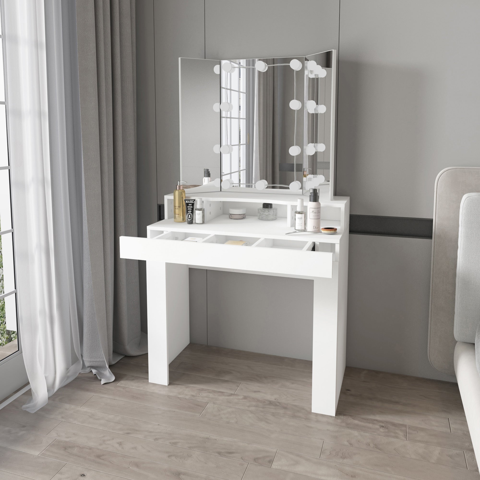 ECD Germany Möbel coiffeuse blanche LED 89,5x155x43,5 cm