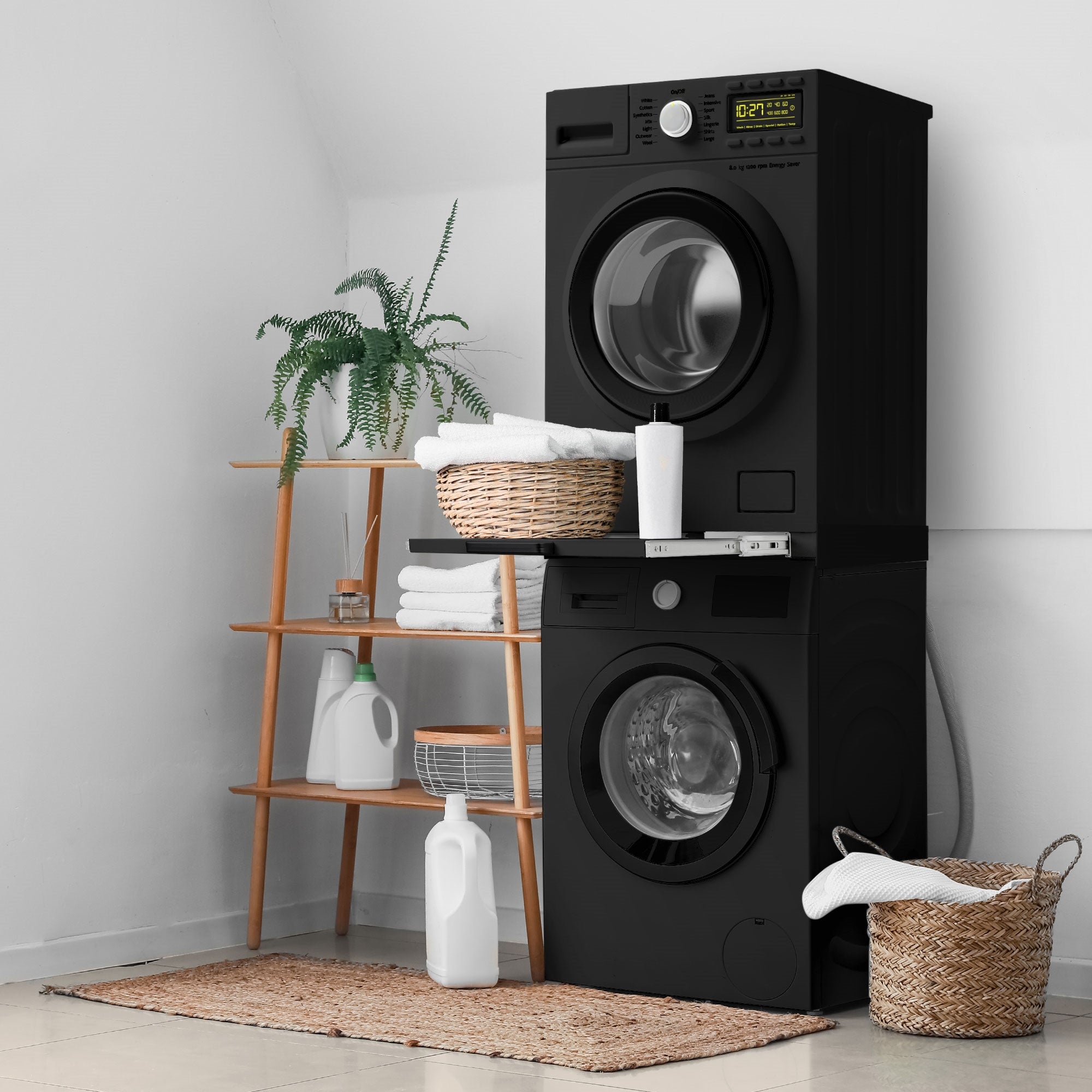 ECD Germany Cadre Superposition Lave-Linge 60x60 Noir Tablette
