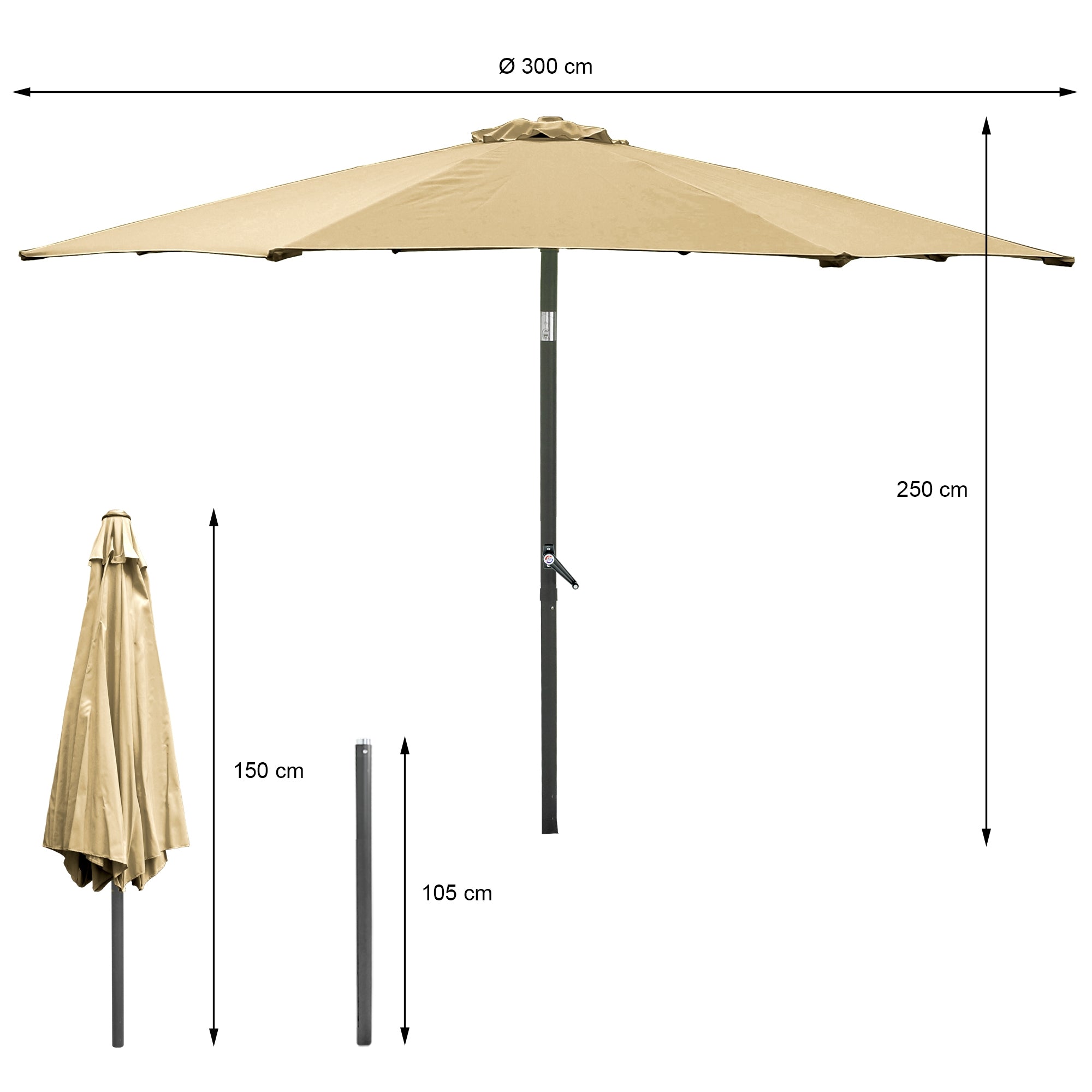 ECD Germany Garten parasol 300 cm marron LED solaire