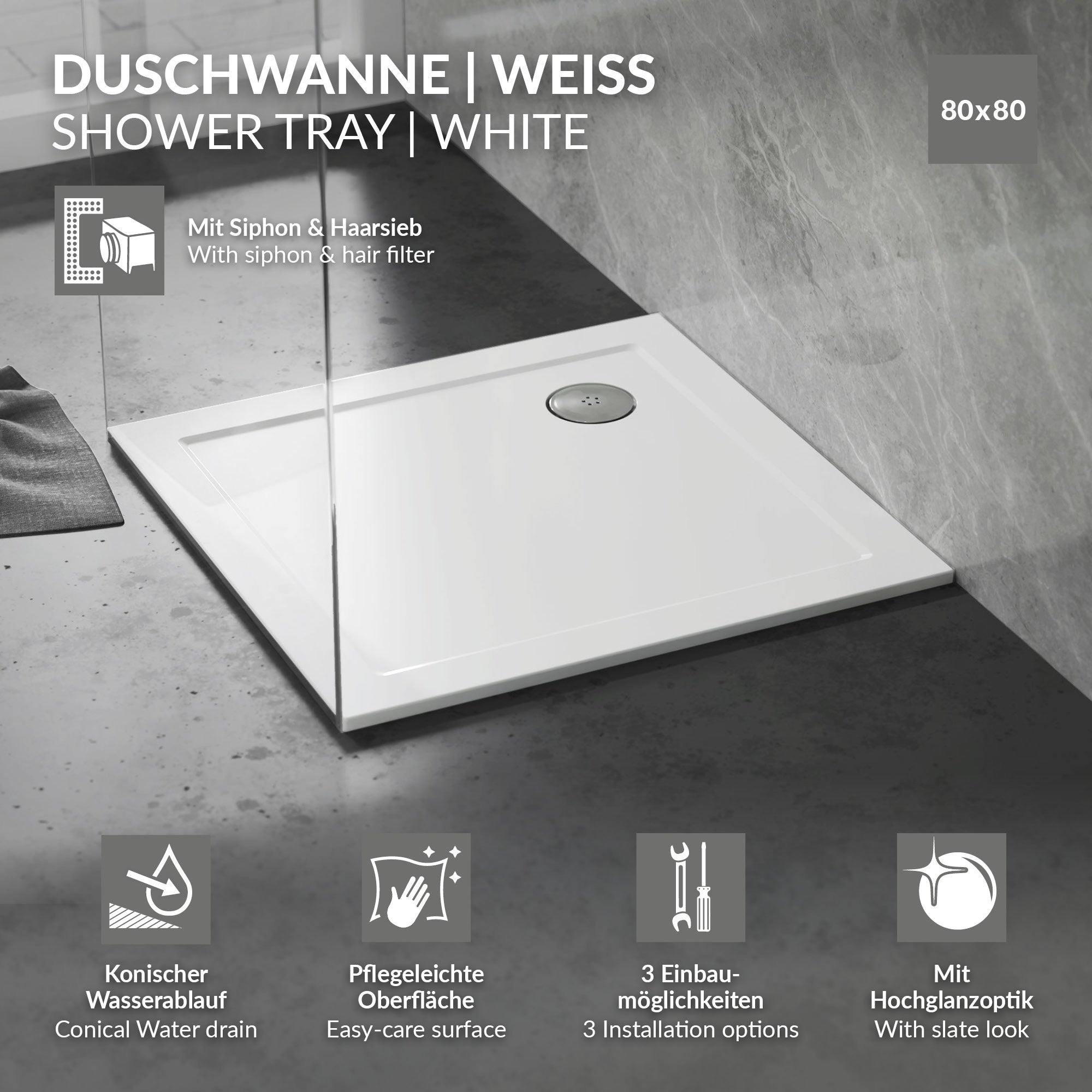 ECD Germany Sanitär receveur de douche blanc 80x80 cm SMC