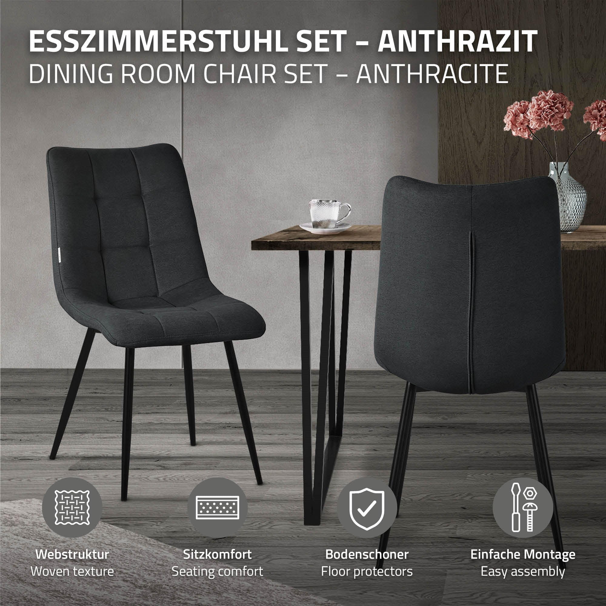 ECD Germany Möbel chaise salle à manger anthracite lot de 2 polyester