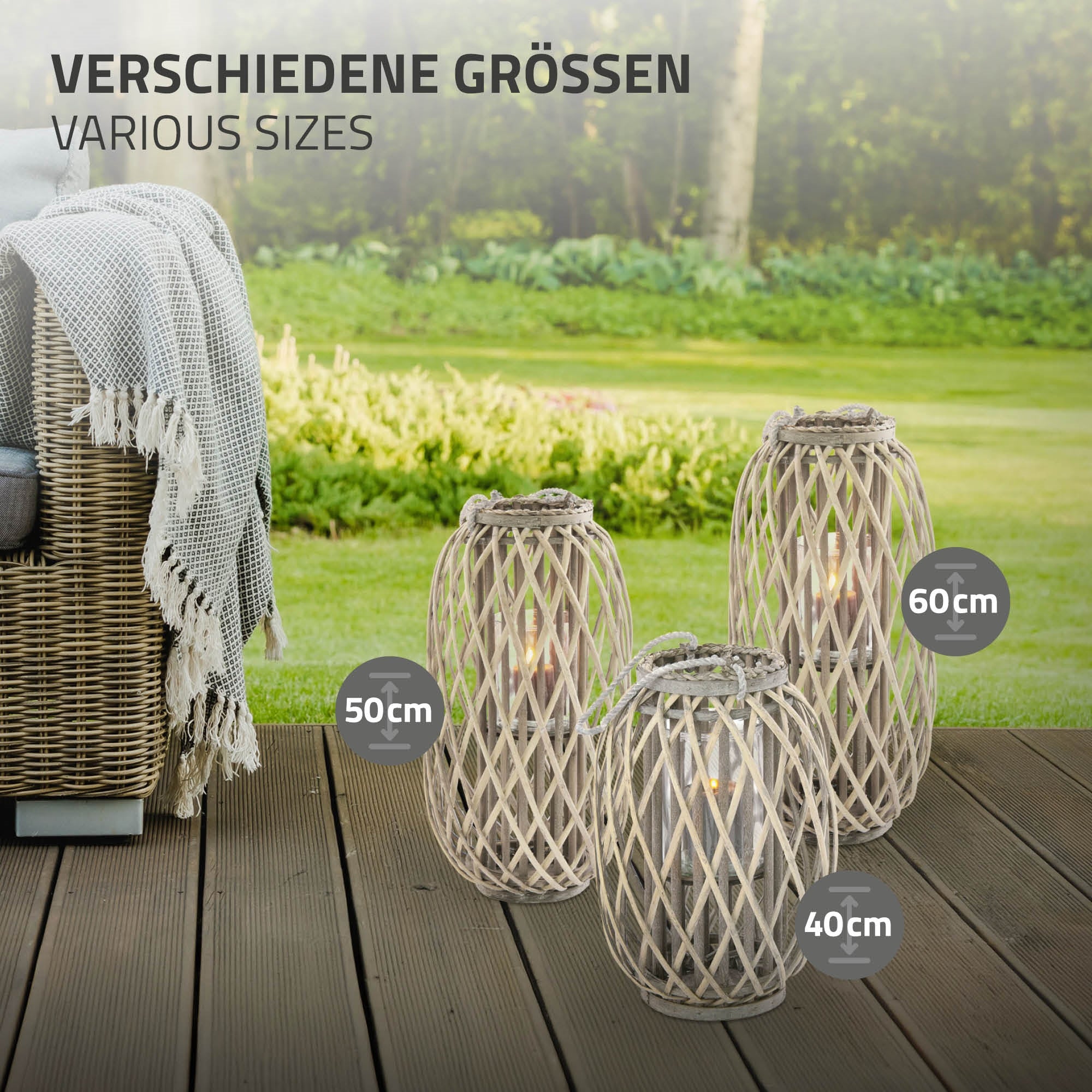ECD Germany lanterne rotin marron tressée 40 cm avec anse jardin