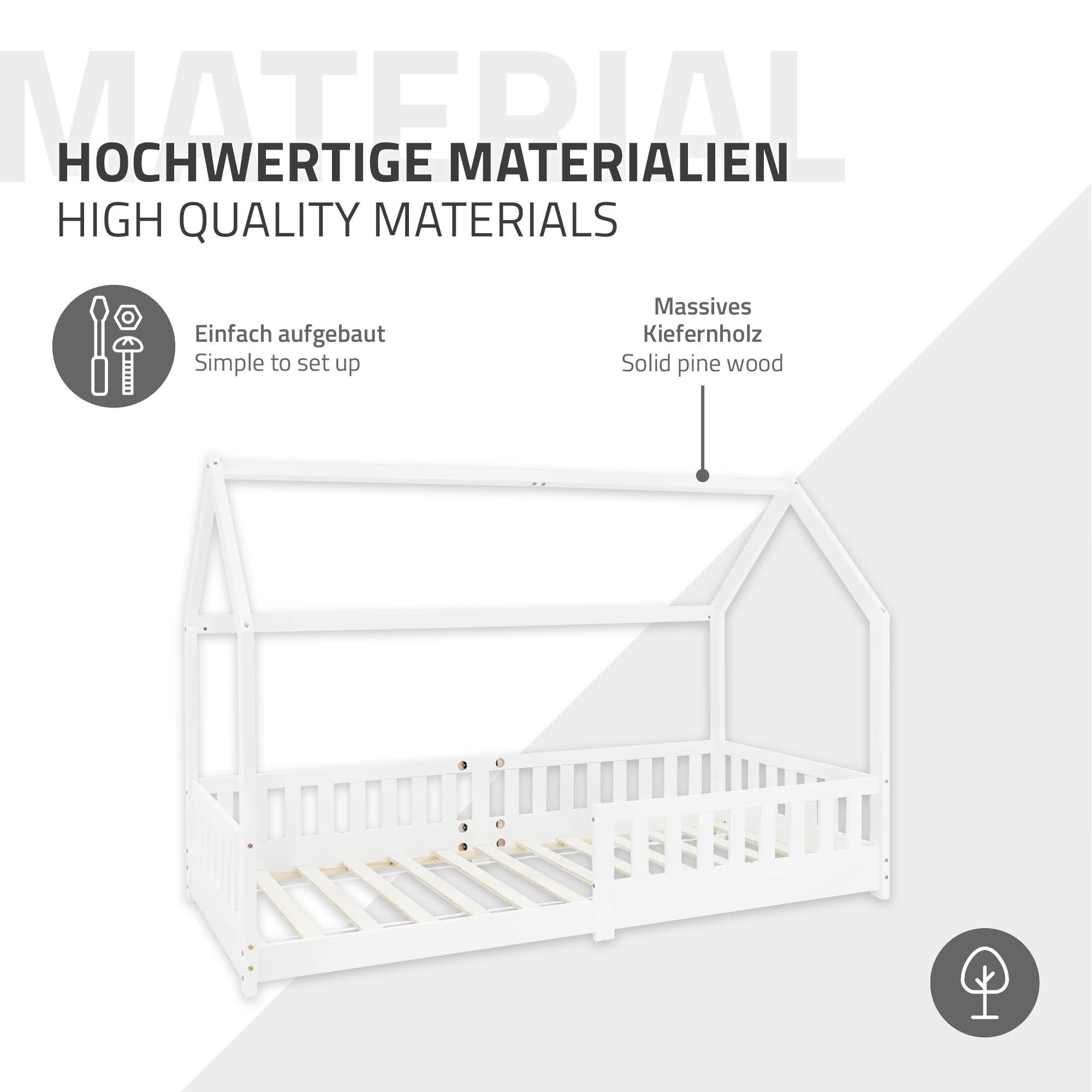 ECD Germany Kinder lit cabane blanc 90x200 + matelas 10 cm
