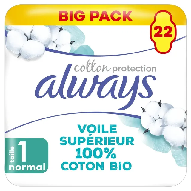 Always serviettes hygiéniques coton bio Normal T1 x22 confort