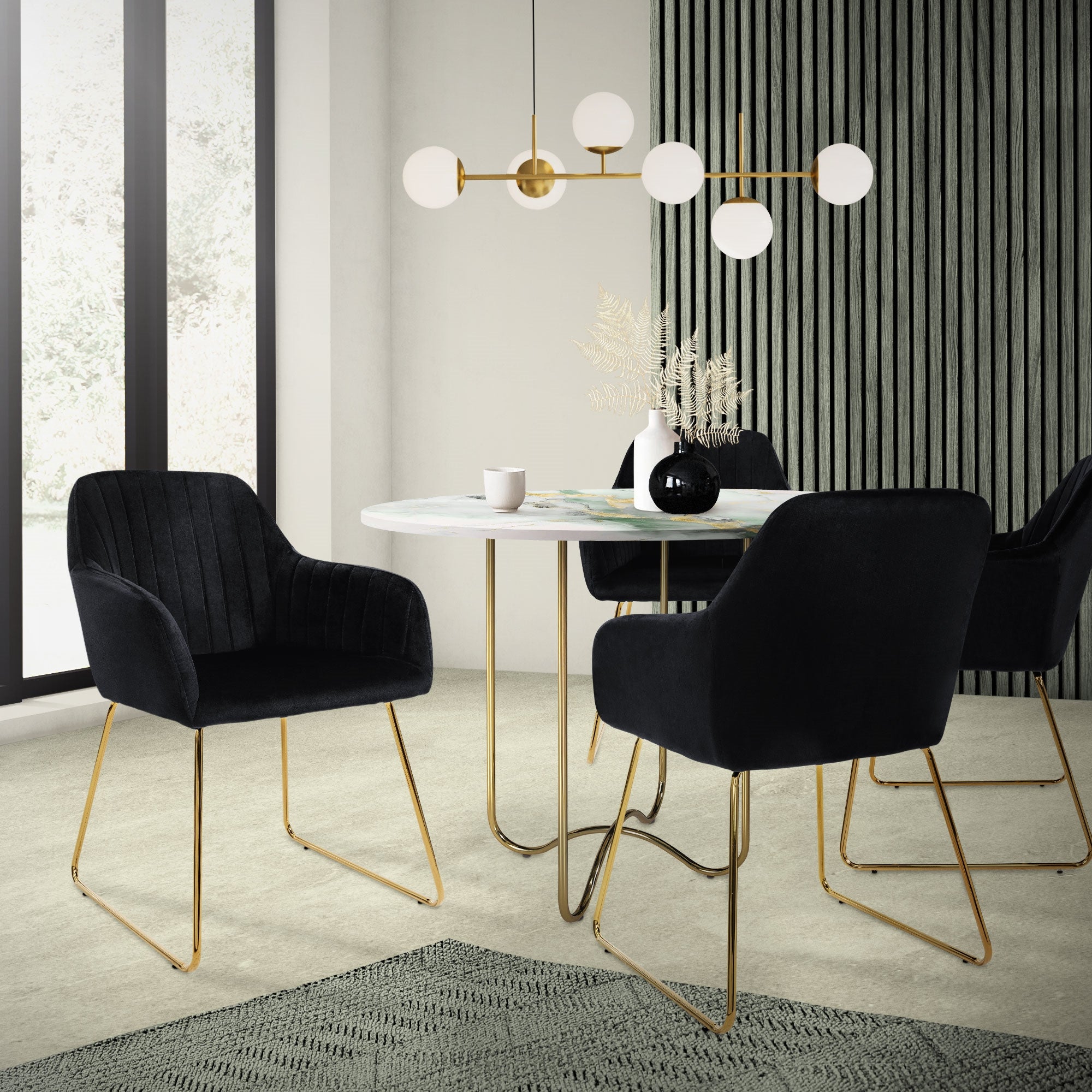 ECD Germany Chaise Velours Noir Accoudoirs Doré 6pcs