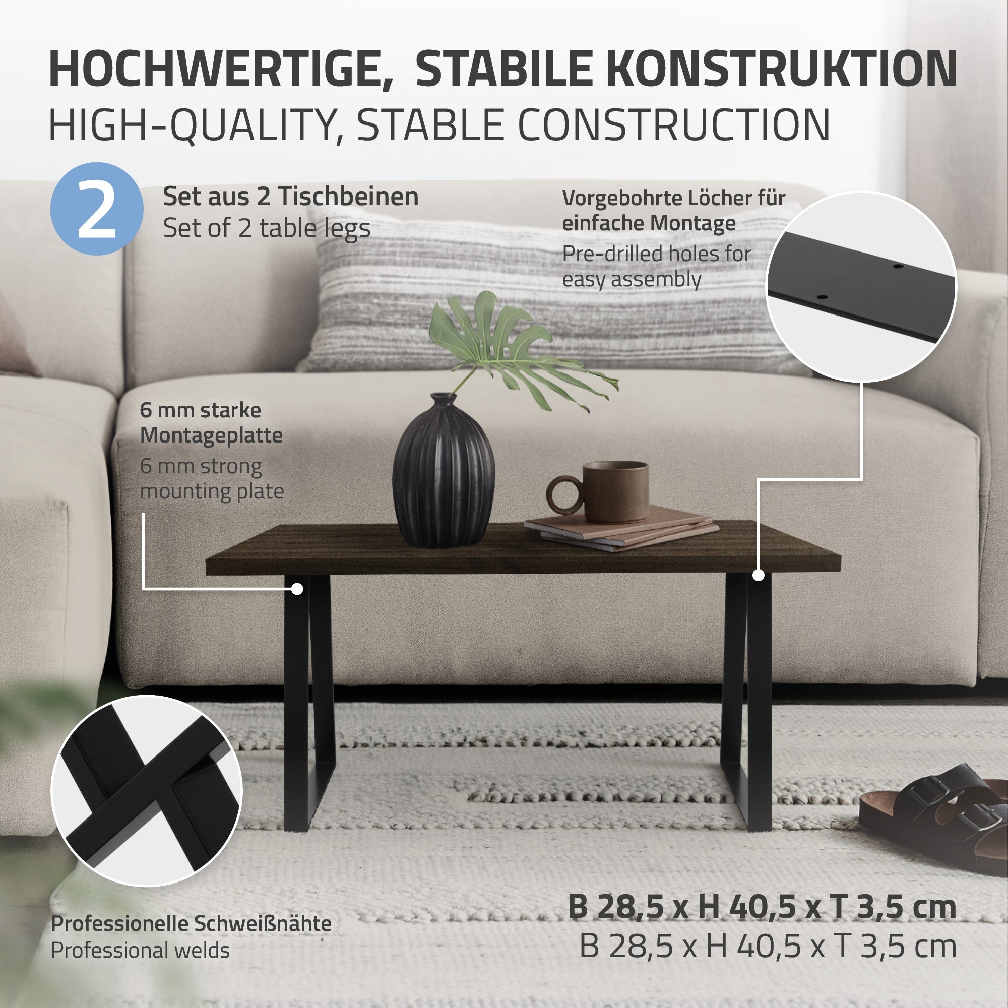 ECD Germany Garten pieds table trapèze 40,5 cm noirs lot 2
