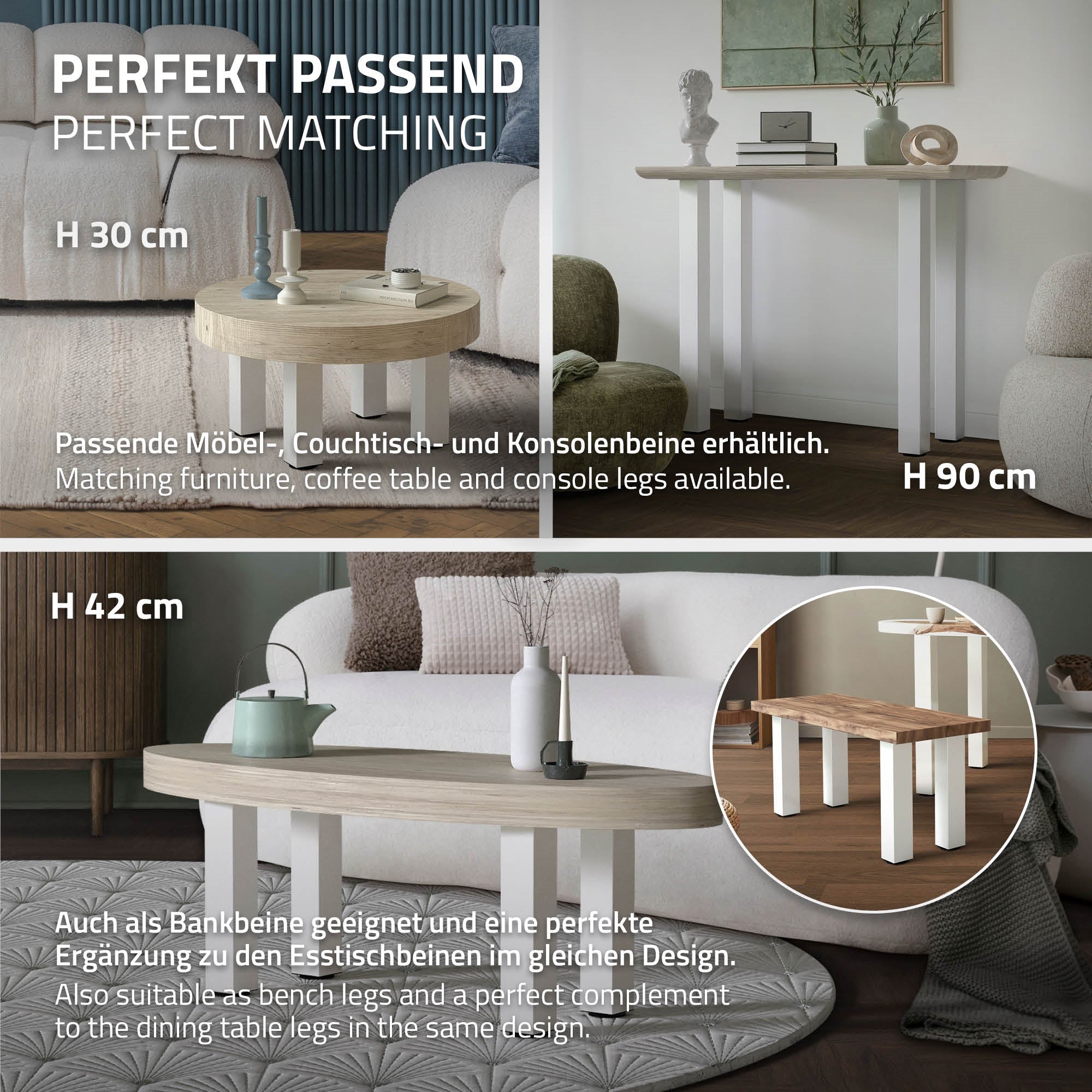 ML-Design Lot 4 pieds de table blancs 72 cm acier 500 kg