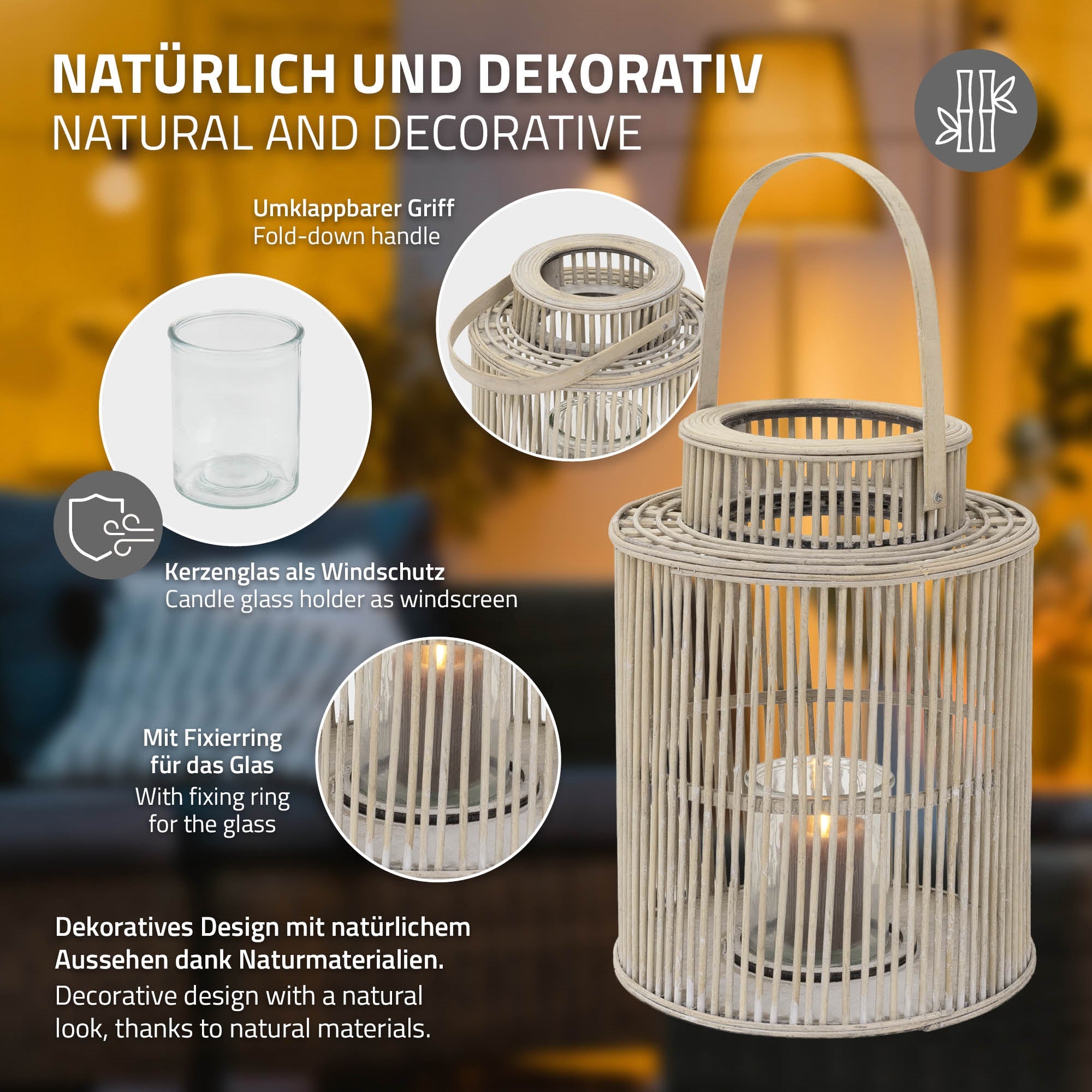 ECD Germany Garten lanterne bambou ronde photophore verre