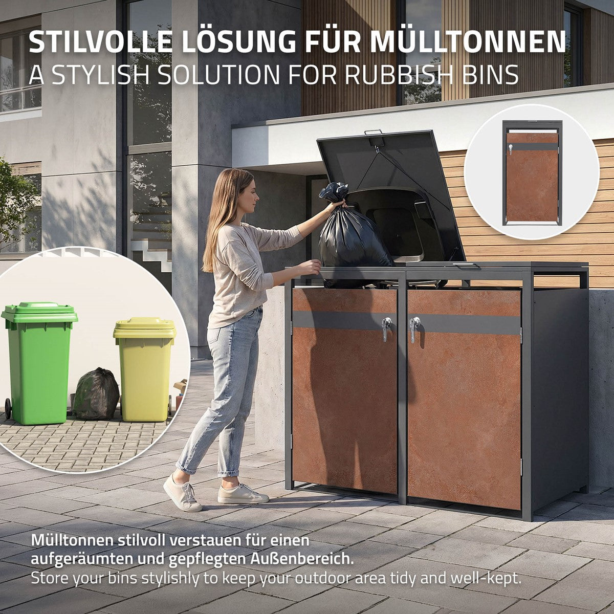 ECD Germany cache-poubelles triple 240L 200x80 cm acier rouille