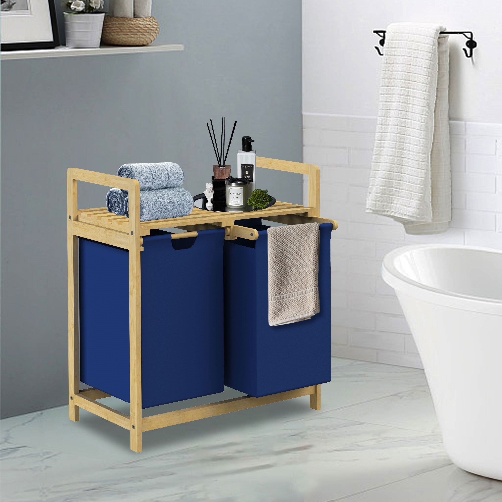 ECD Germany Möbel panier linge bambou 2x30L bleu foncé