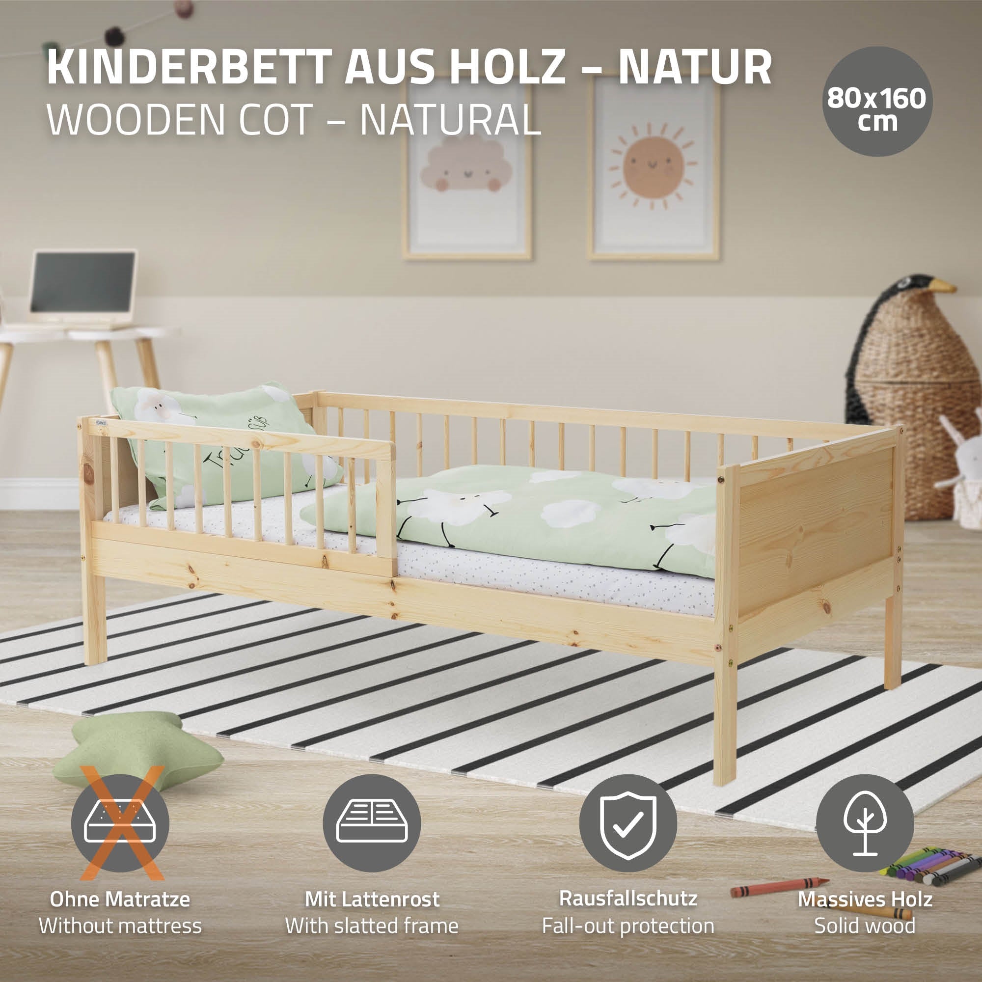 ECD Kinder lit enfant 80x160 cm pin naturel sommier barrière