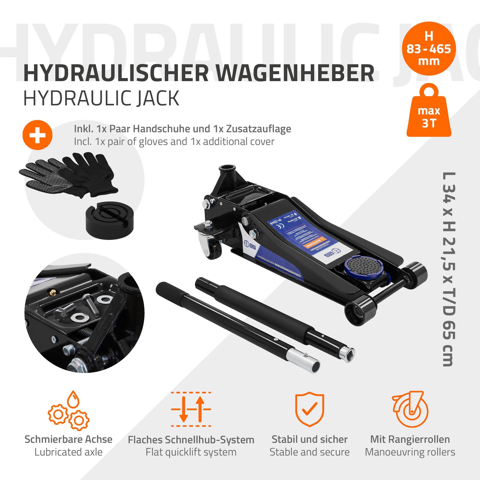 ECD Germany Cric hydraulique rouleur 3T avec gants