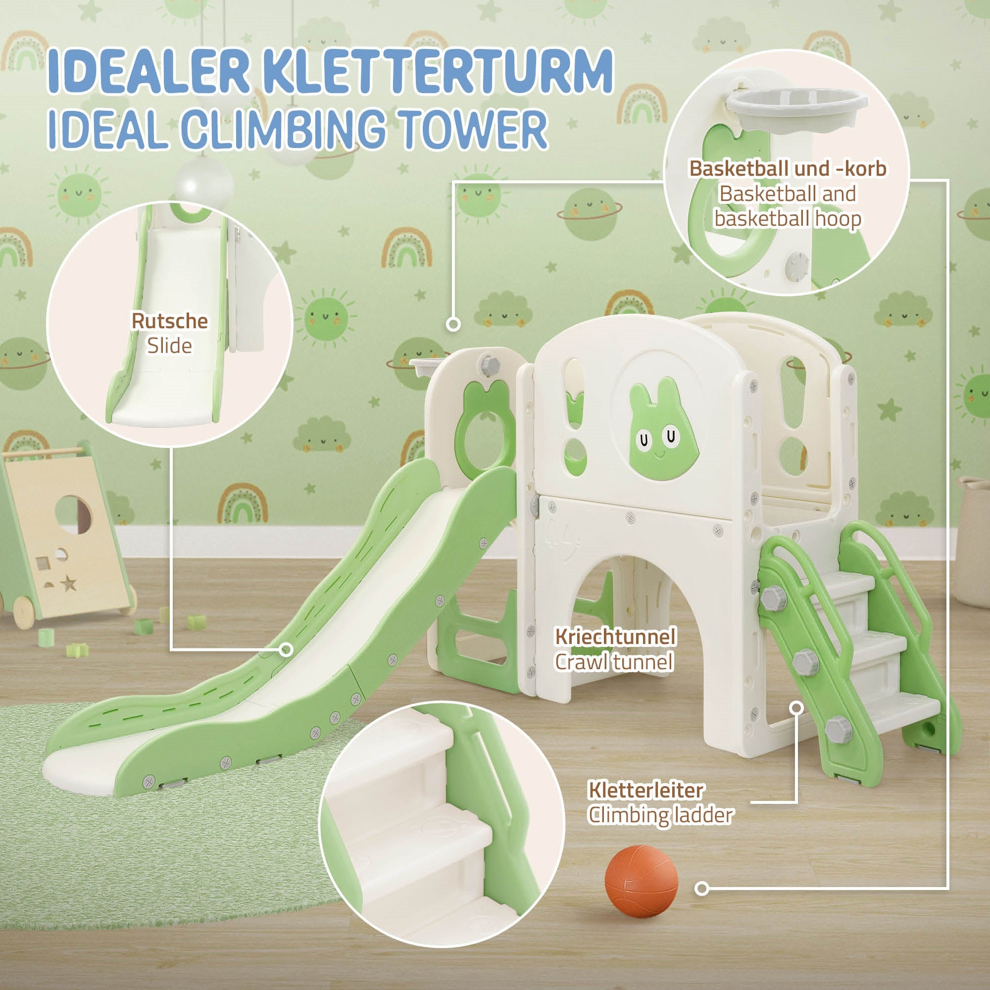Joyz 5 en 1 tour toboggan enfant vert clair avec panier