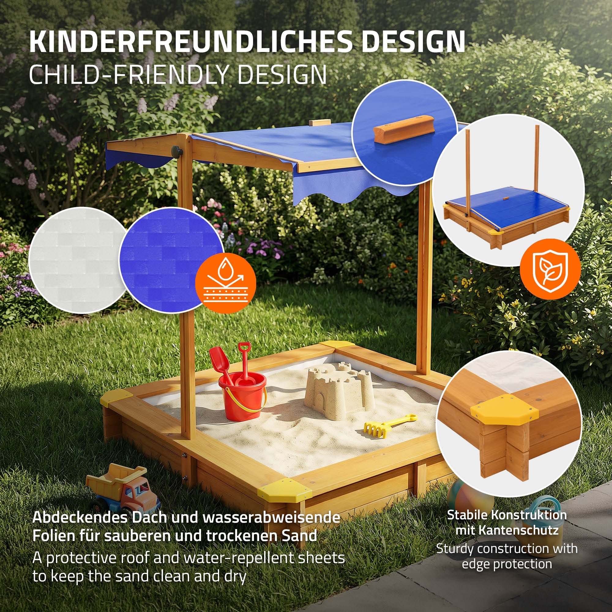 ECD Germany Kinder bac à sable bois avec toit 118x118 cm UV50