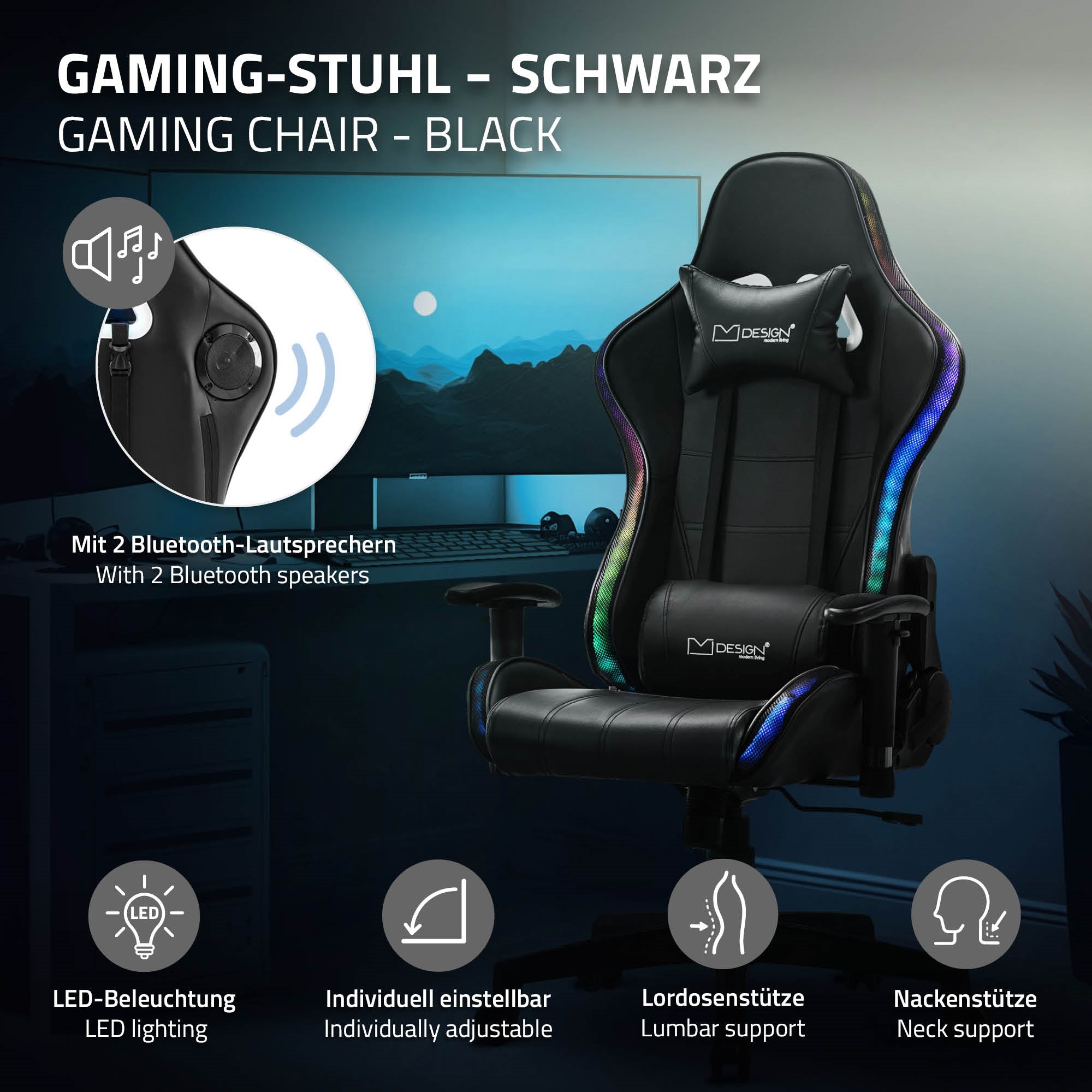 ECD Germany Möbel chaise gaming PVC RGB LED bluetooth noir rouge