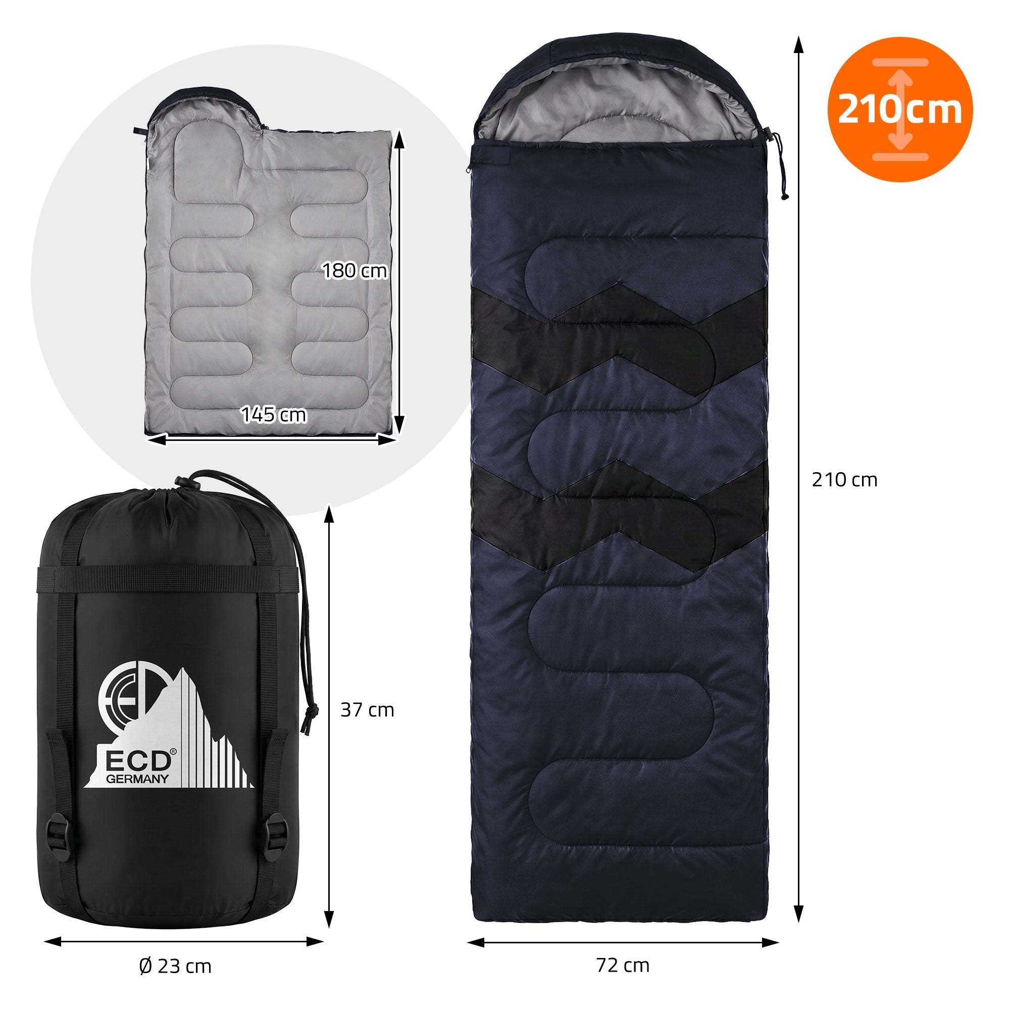 ECD Sport & Freizeit Sac de Couchage Adulte Bleu Foncé 210 cm 3 Saisons