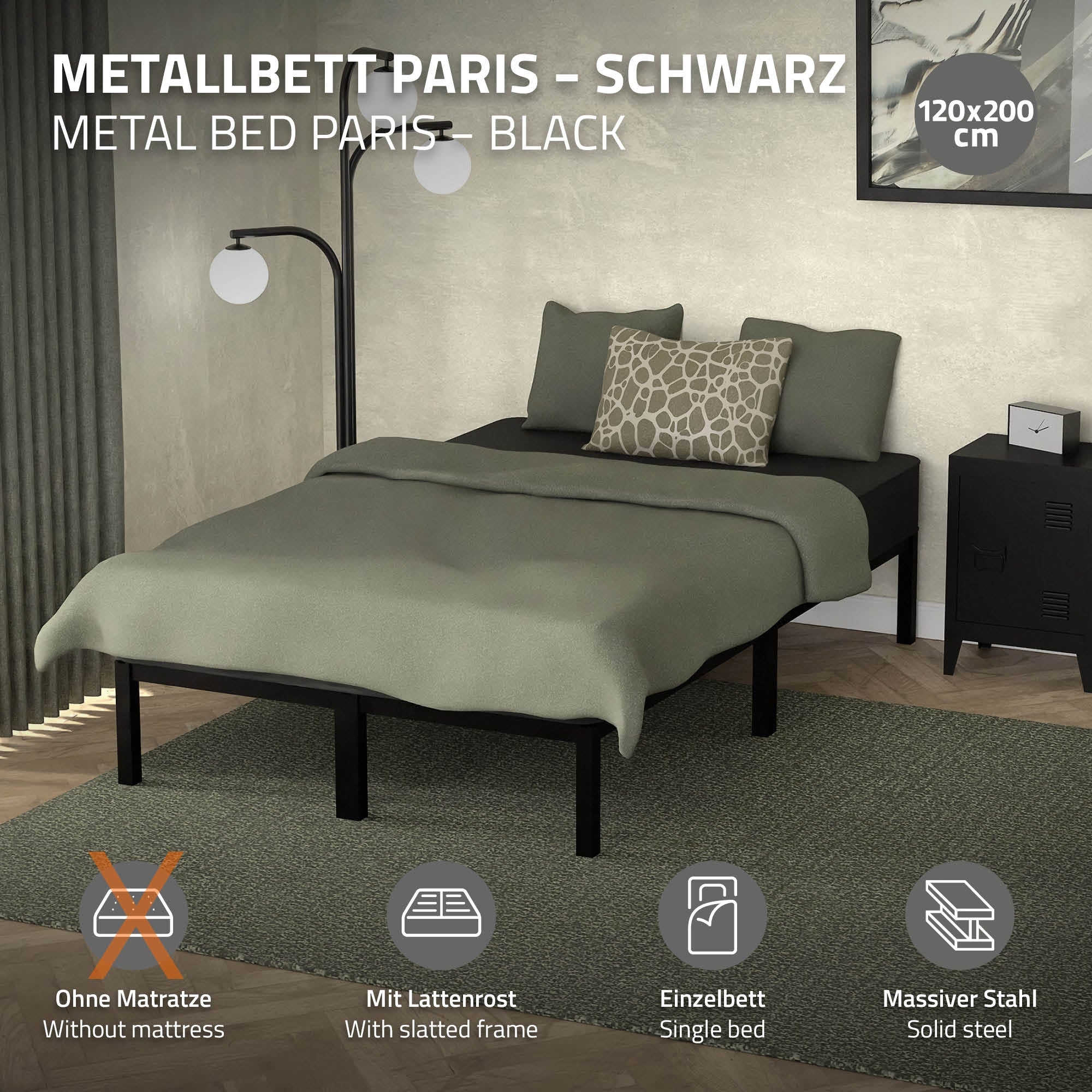 ML-Design lit métal noir 120x200 cm avec sommier à lattes
