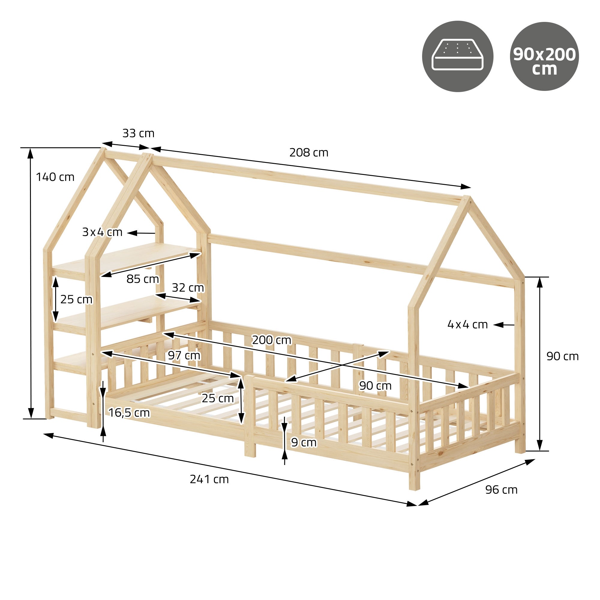 ML-Design lit cabane enfant pin 90x200 barrière étagère sommier