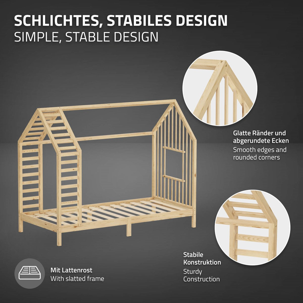 ECD Germany Kinder lit cabane 90x200 naturel matelas 10cm