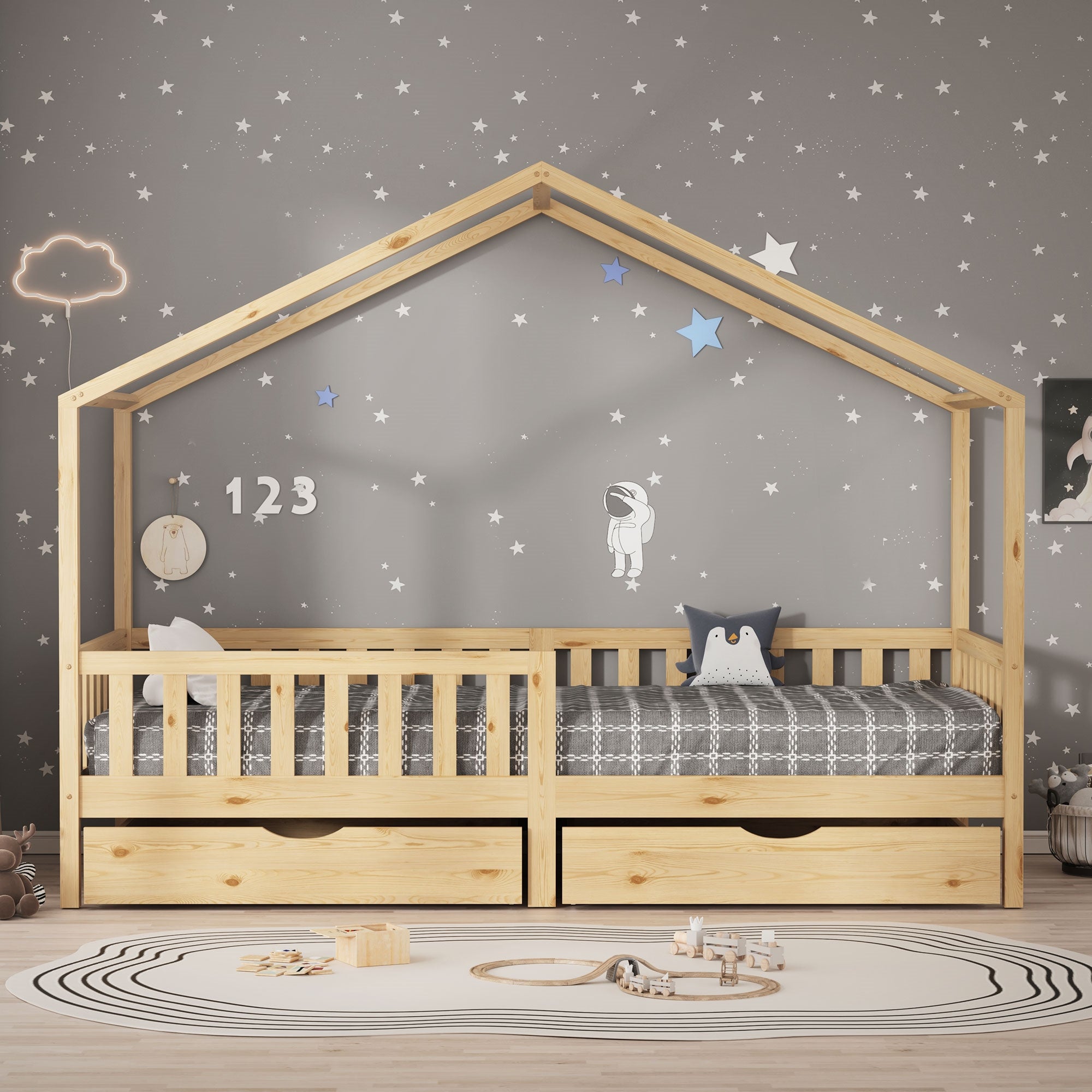 ECD Germany Lit cabane enfant nature 90x200 + 2 tiroirs