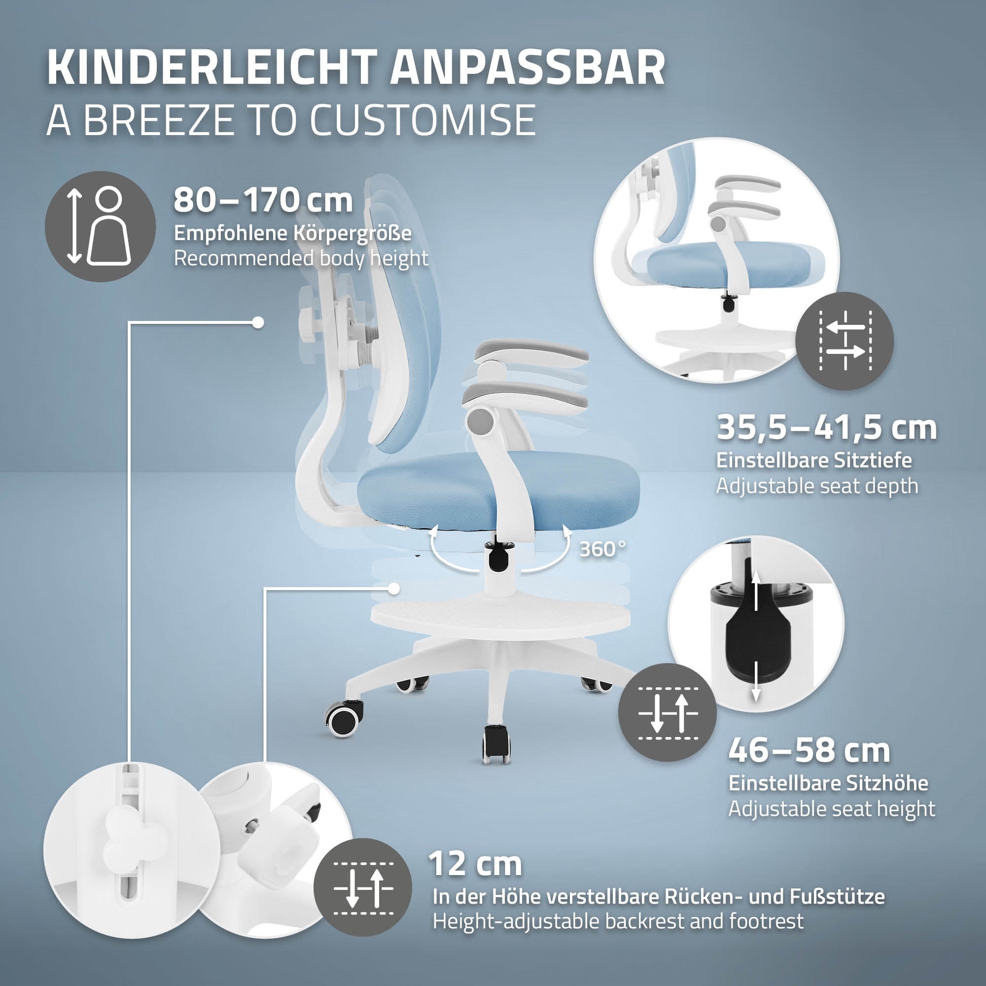 ECD Germany Kinder chaise bureau enfant bleue ergonomique 95 cm