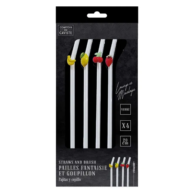 Stokomani Maison 4 pailles verre fruits réutilisables + goupillon