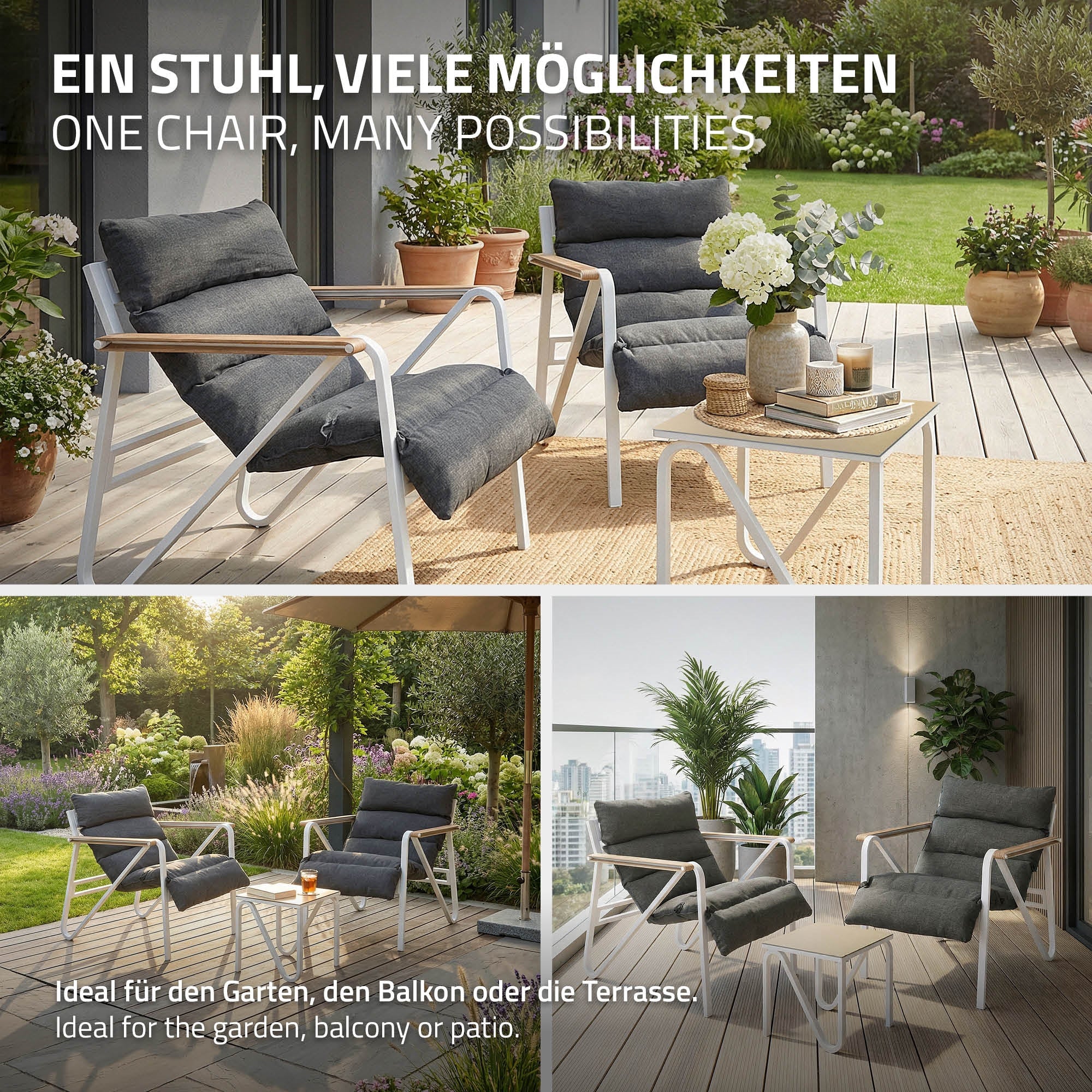 ECD Germany Garten Salon de jardin 3 pièces anthracite coussins