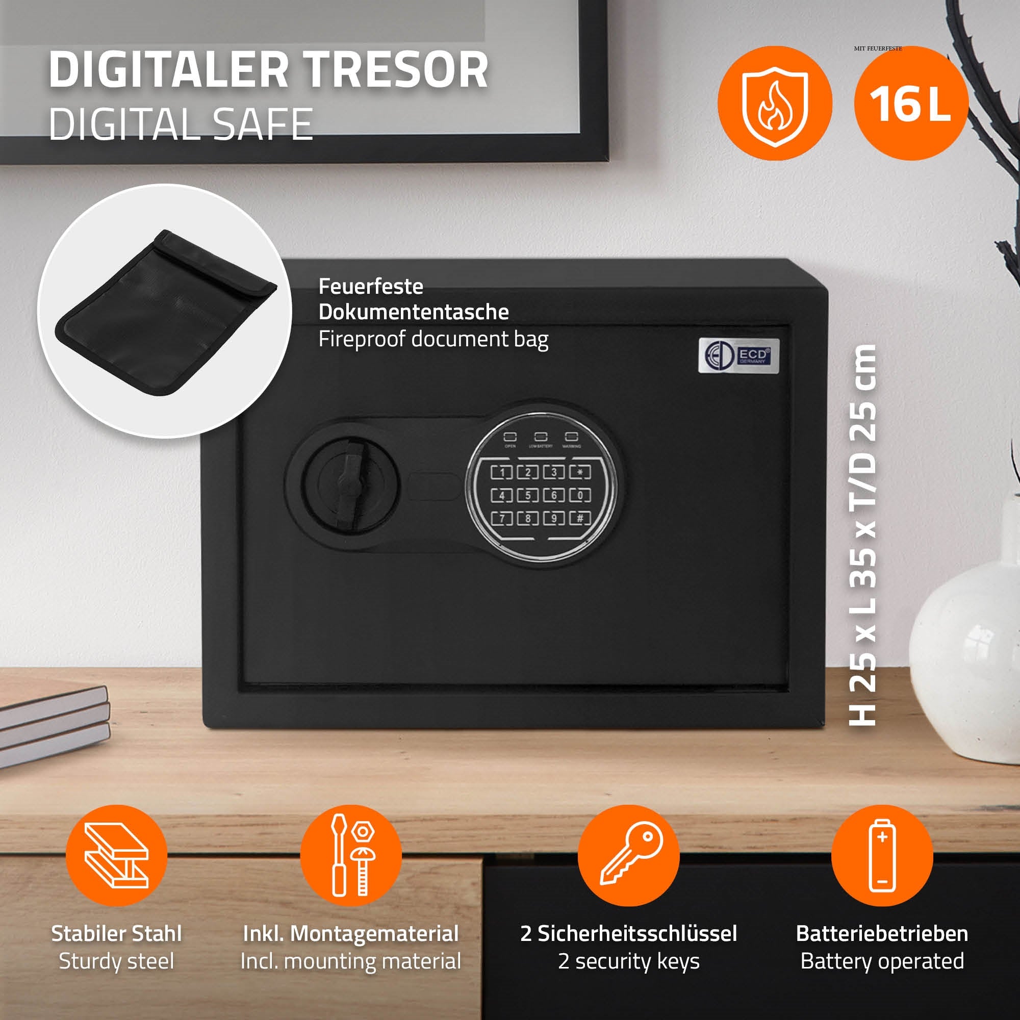 ECD Germany coffre-fort acier code électronique 16 L LED
