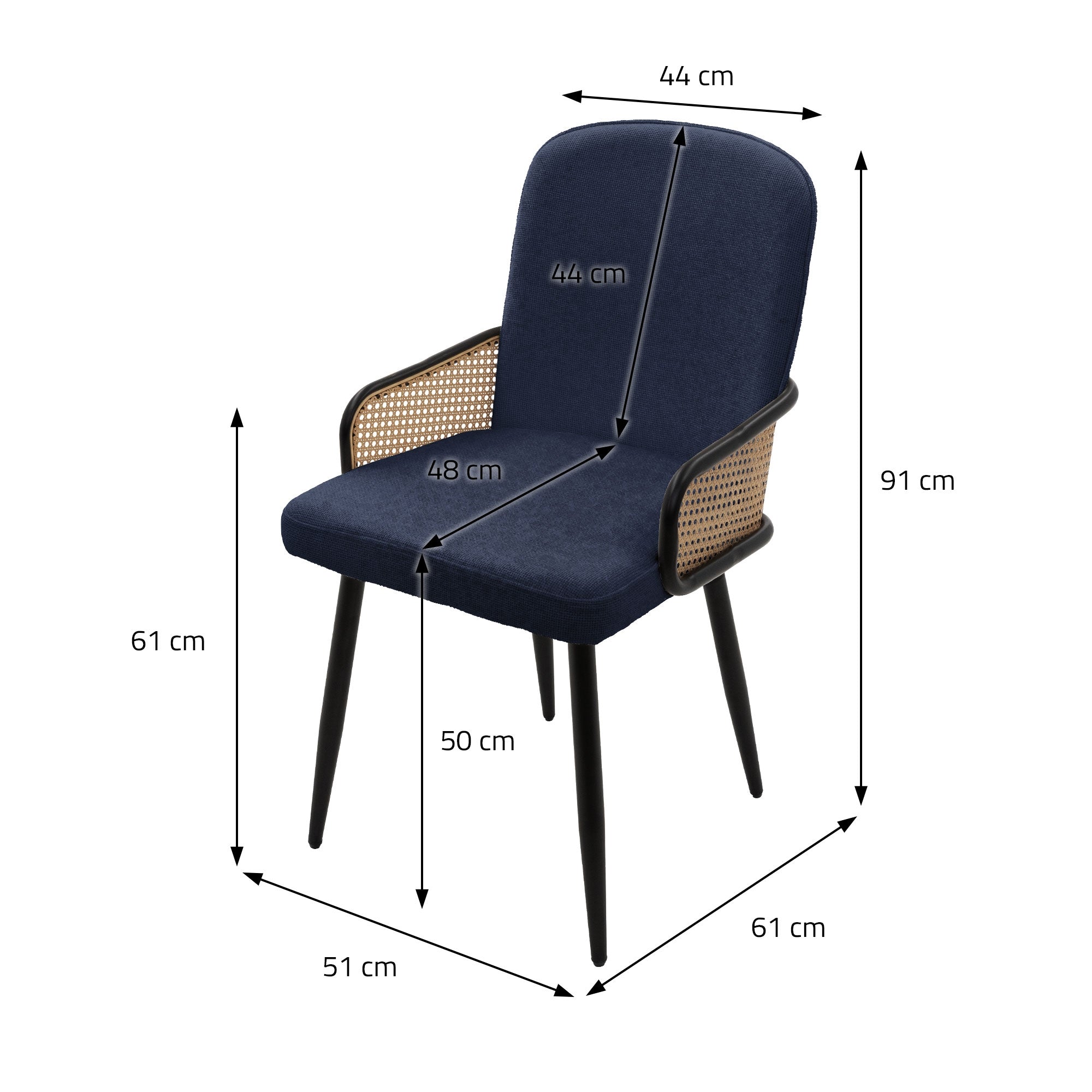 ECD Germany Möbel Lot 6 chaises bleu foncé tissu rotin accoudoirs
