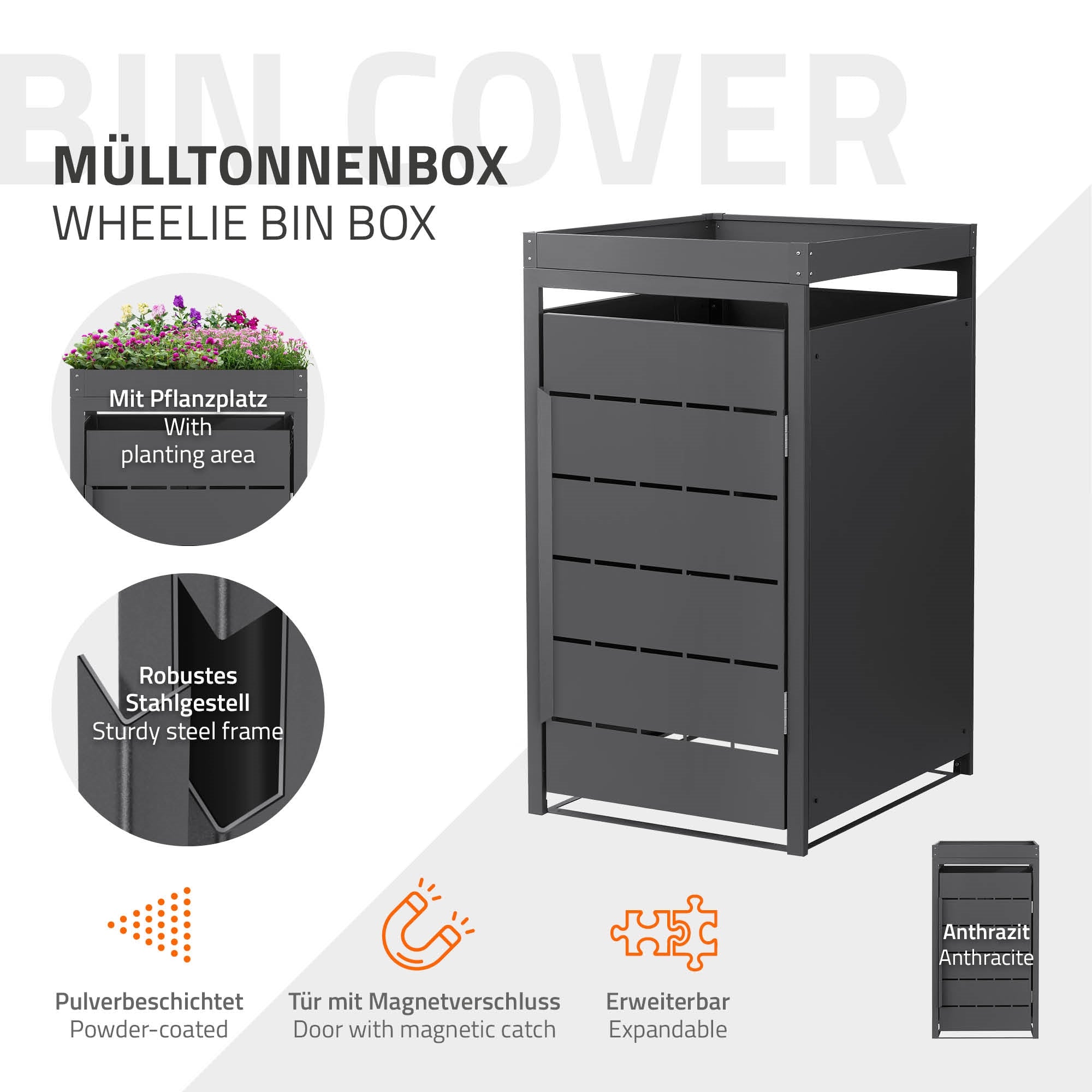 ECD Germany Garten Cache-Poubelle Acier 1 Bac Anthracite
