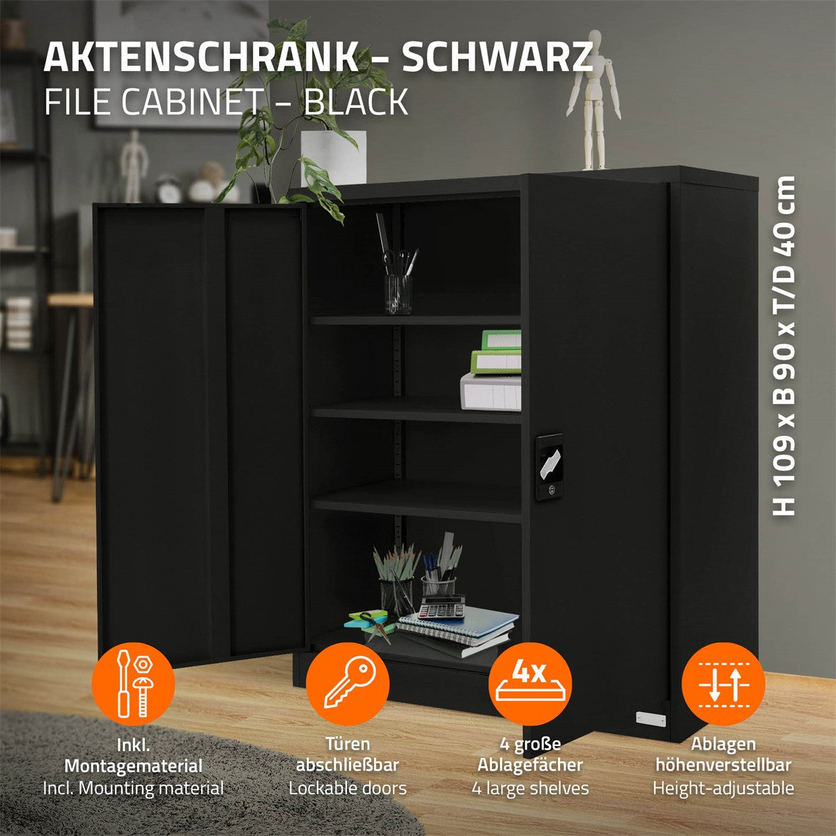ECD Germany ML-Design armoire métallique 90x40x109 noire 2 portes