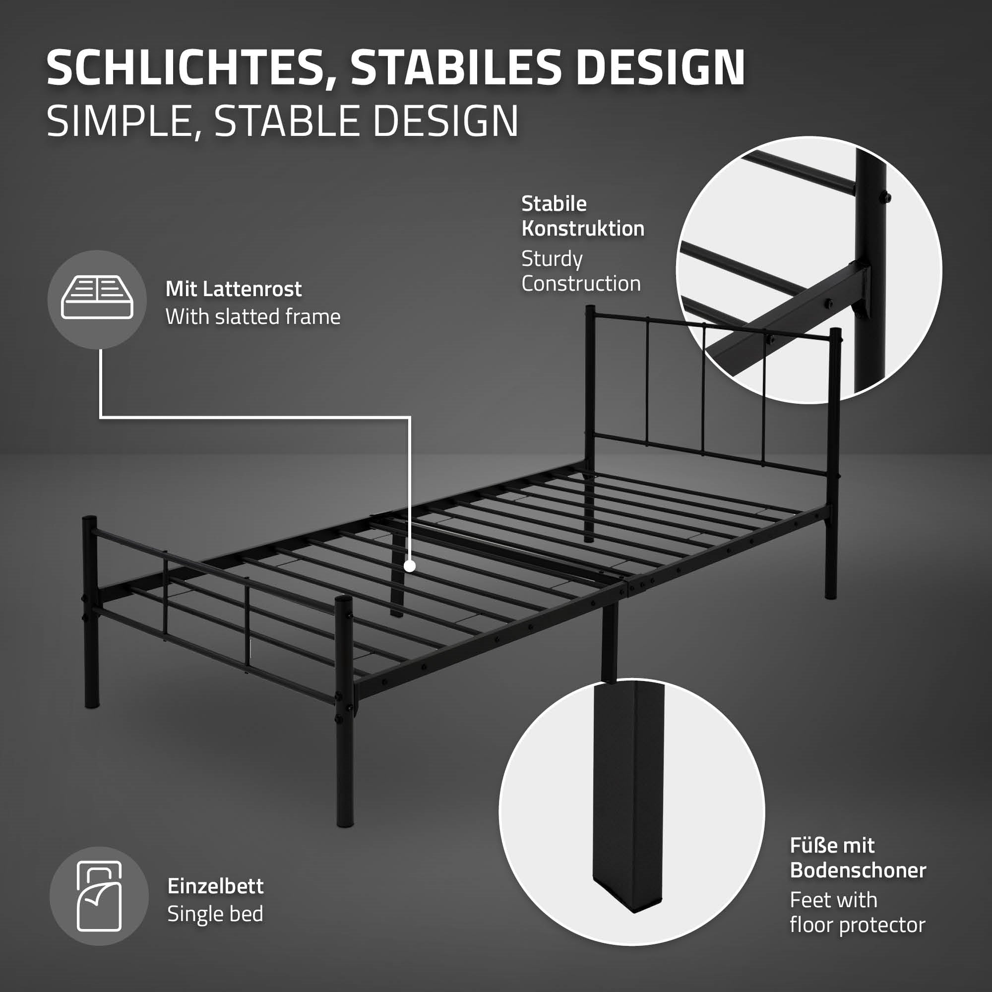 ECD Germany ML-Design Lit métal anthracite 90x200 sommier inclus
