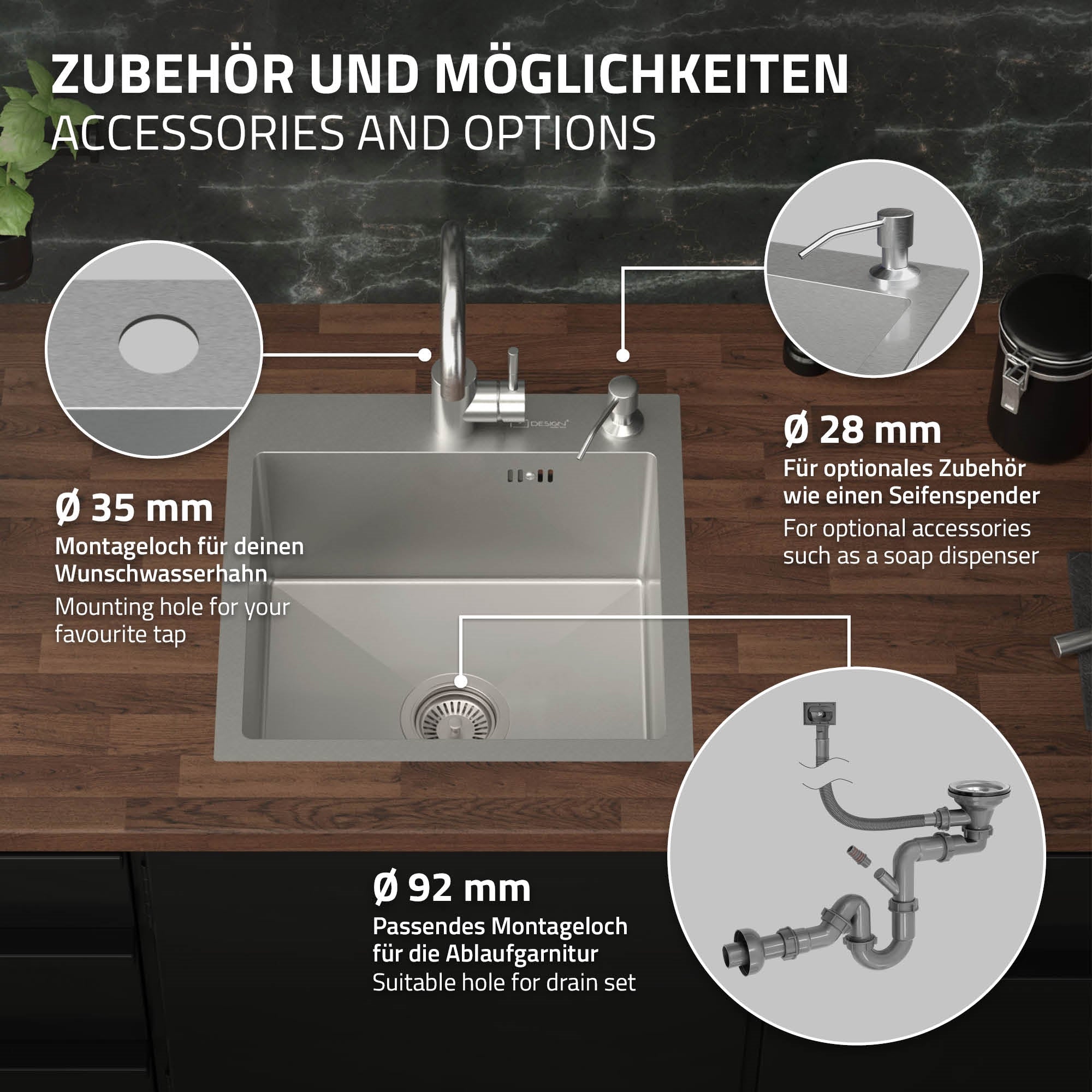 ECD Germany Sanitär évier inox 45x45 cm argent simple bac